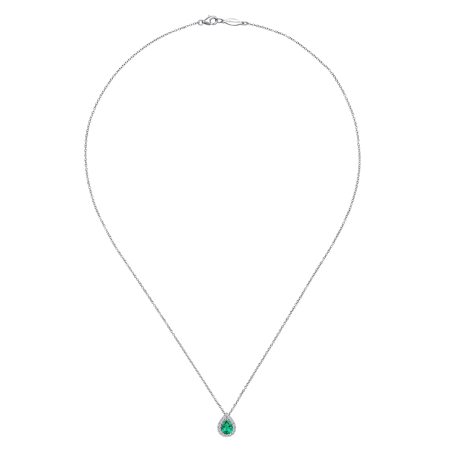 18 inch Pear Shaped Emerald and Diamond Halo Pendant Necklace in 14K White Gold, photograph 2