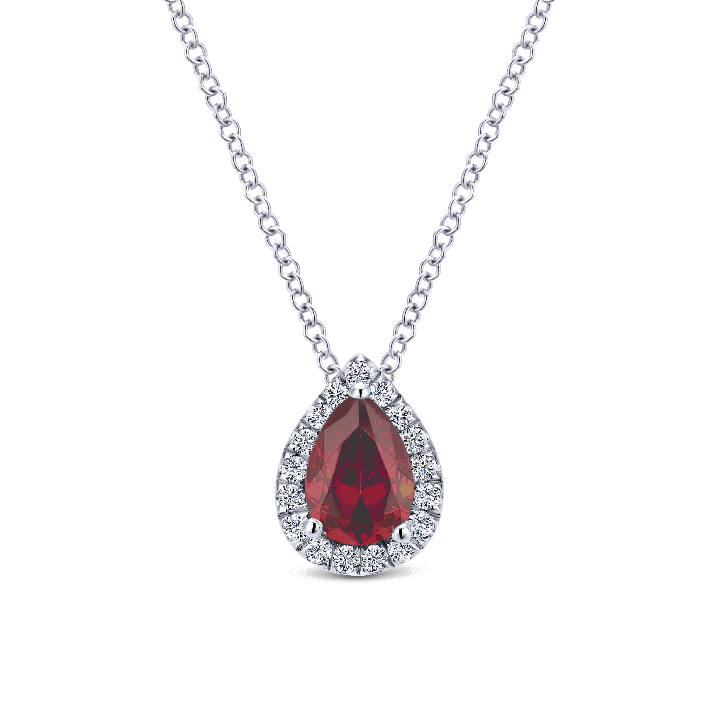 18 inch Pear Shaped Ruby and Diamond Halo Pendant Necklace