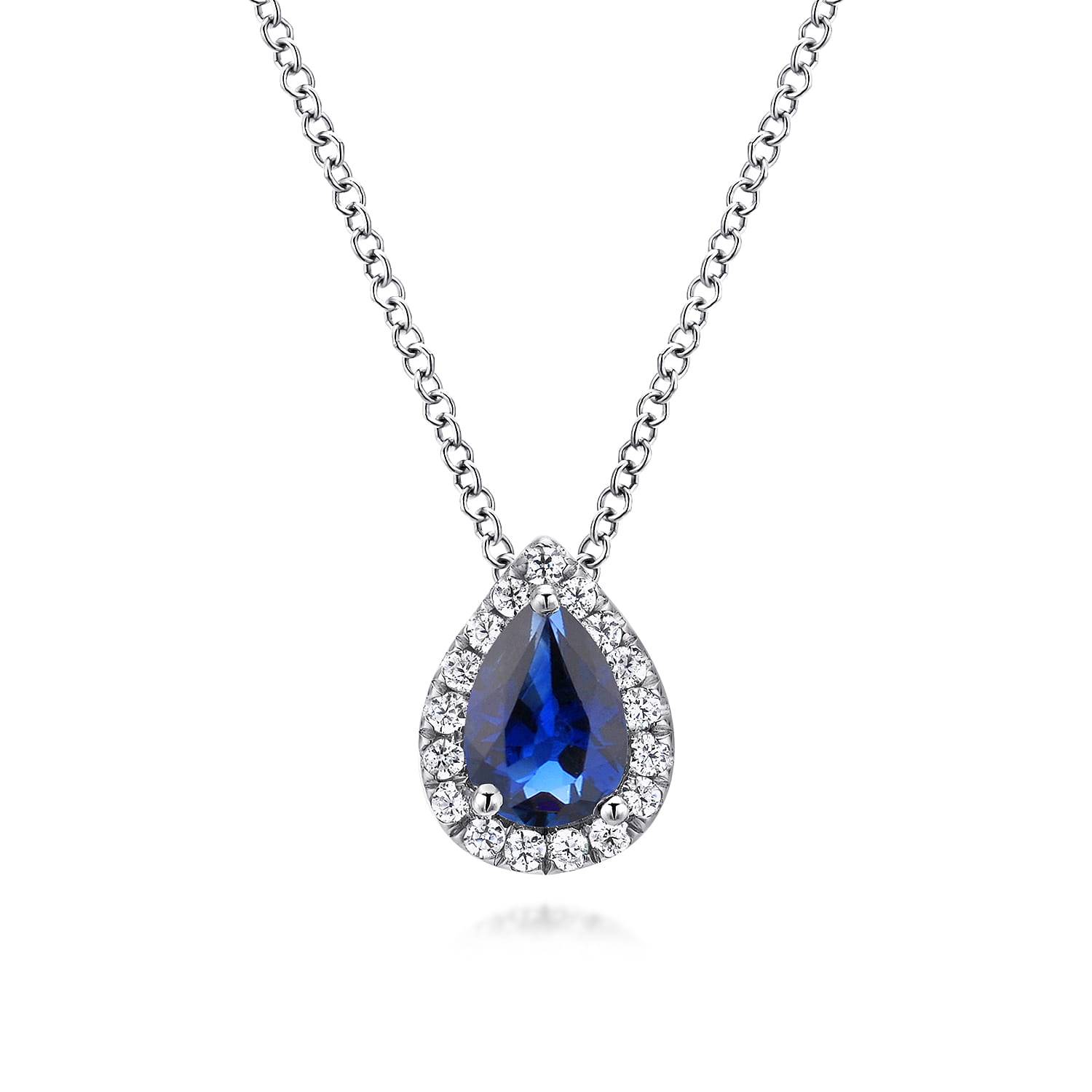 18 inch Pear Shaped Sapphire and Diamond Halo Pendant Necklace