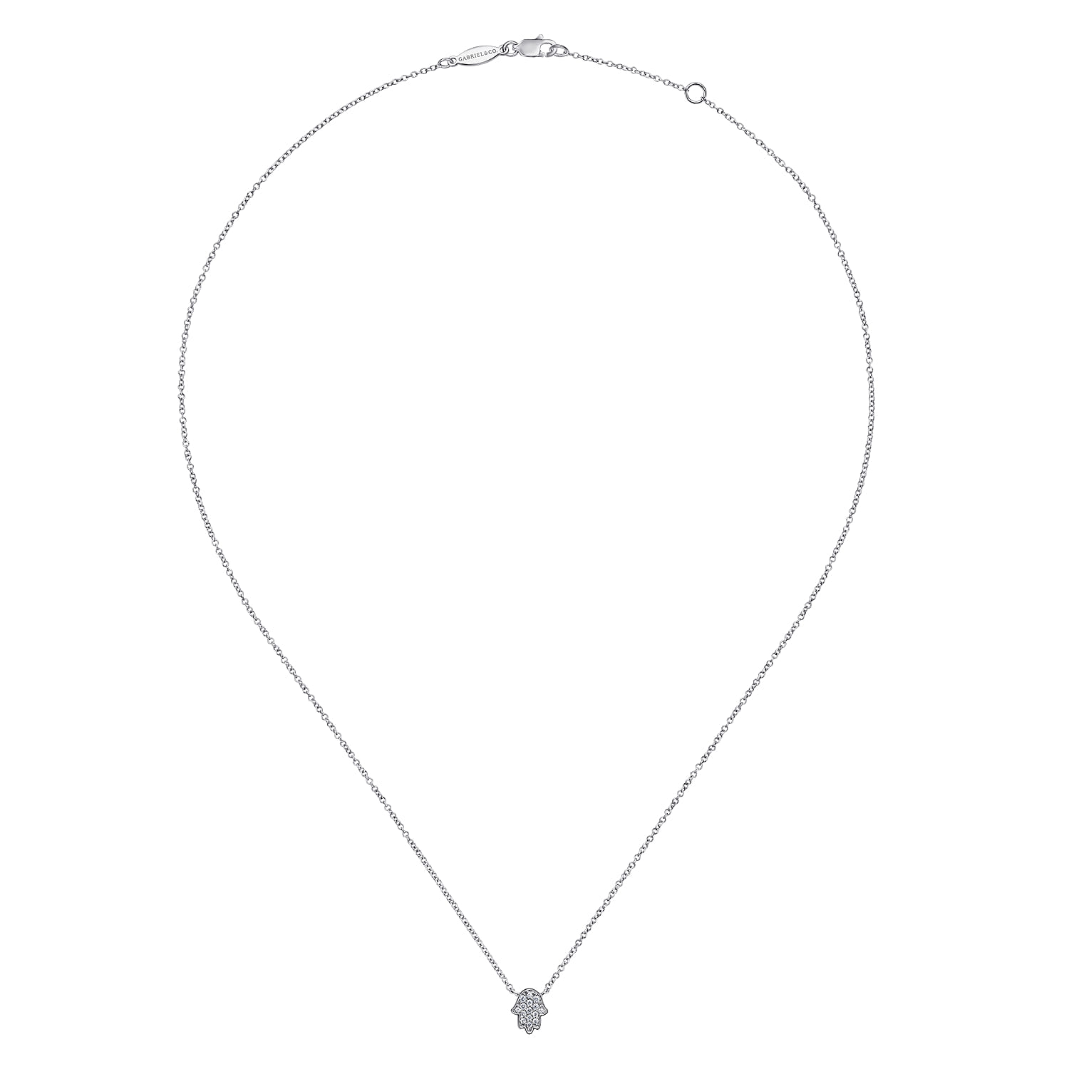 Pave Diamond Hamsa Pendant Necklace in 14K White Gold, photograph 2