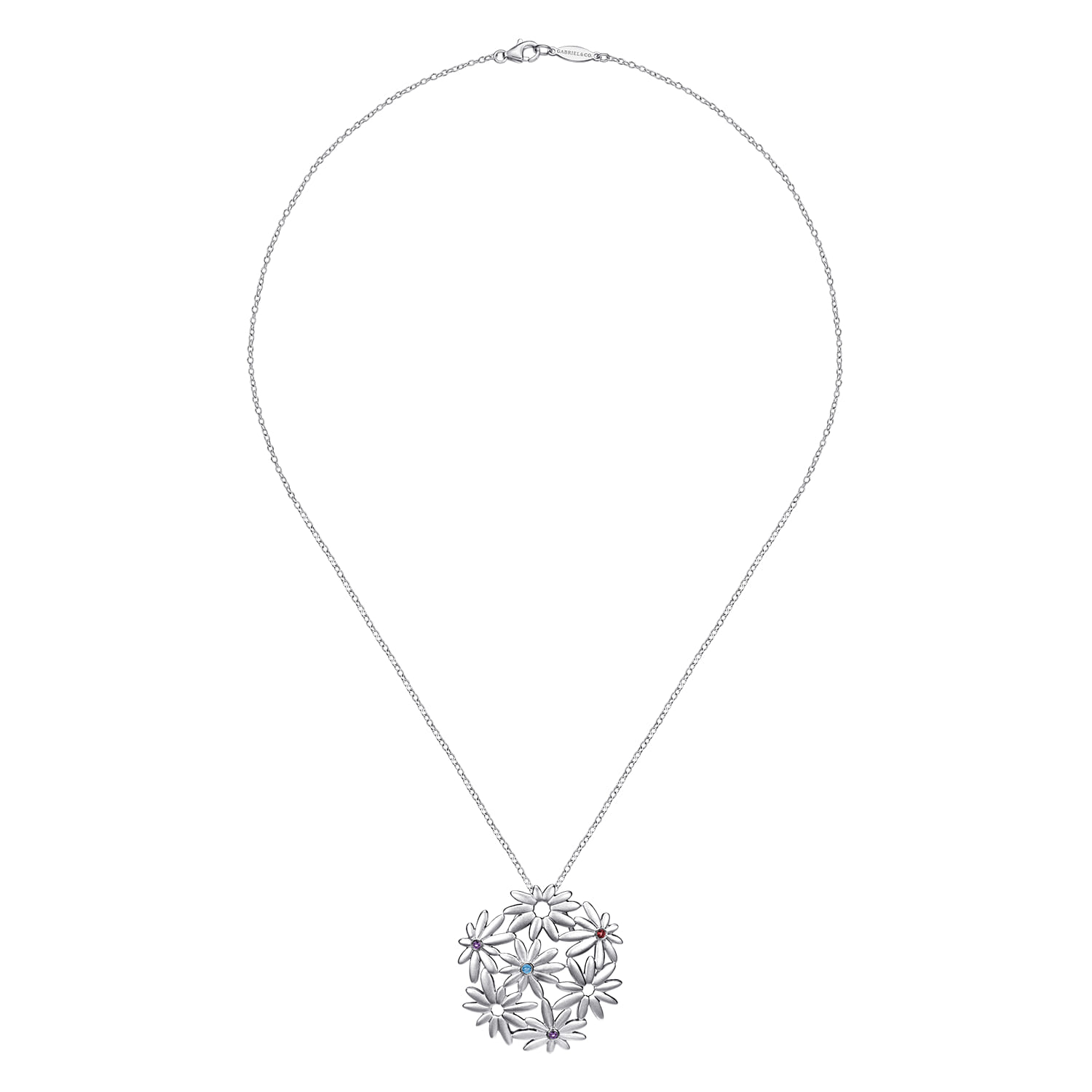 18 inch Floral Blue Topaz and Garnet and Amethyst Pendant Necklace in Sterling Silver, photograph 2