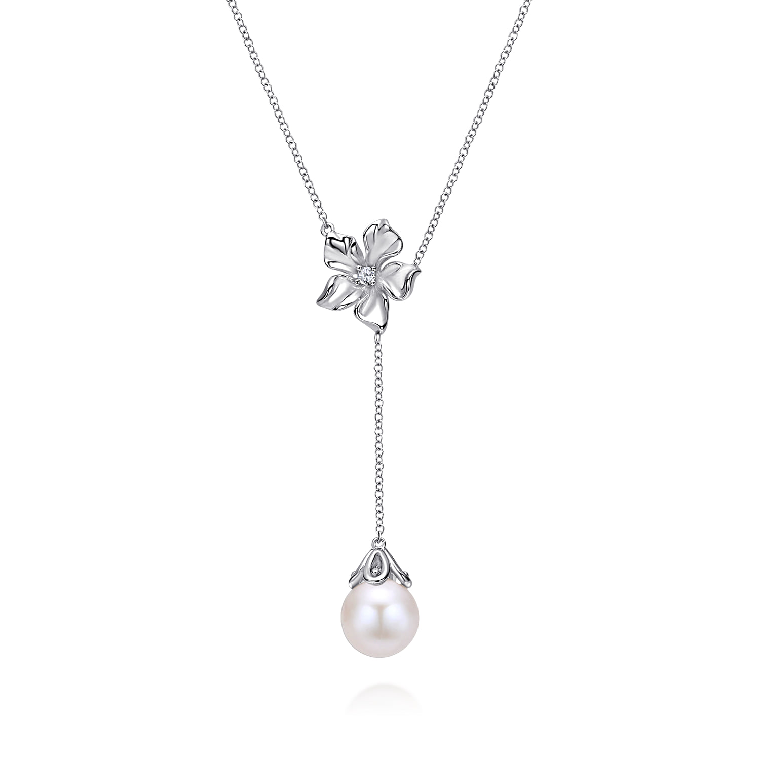 20 inch Floral White Sapphire and Pearl Y Necklace