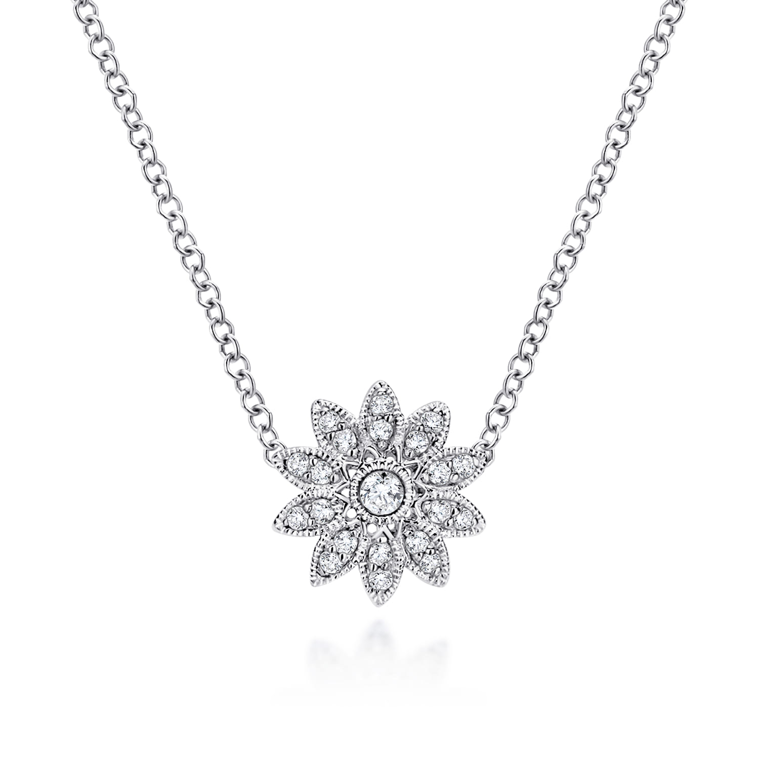 18 inch Round Floral White Sapphire Pendant Necklace in Sterling Silver
