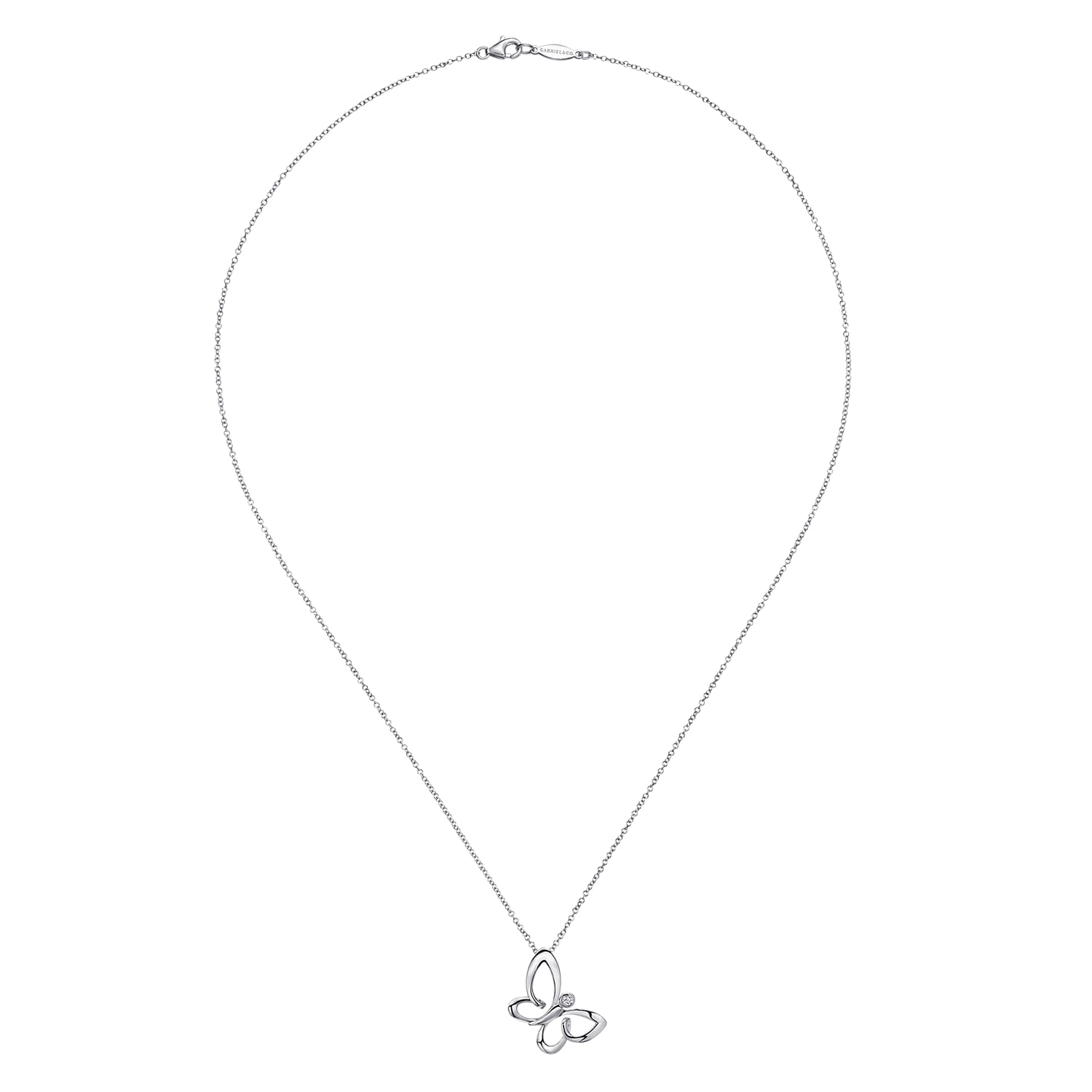 18 inch White Sapphire Sideways Butterfly Pendant Necklace in Sterling Silver, photograph 2
