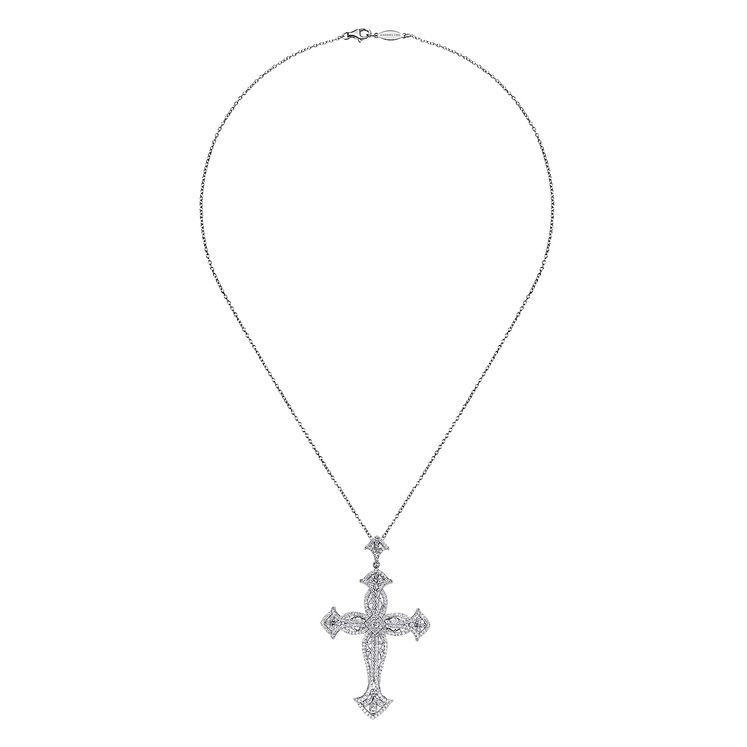 18 inch Ornate Diamond Cross Pendant Necklace in 18K White Gold, photograph 2