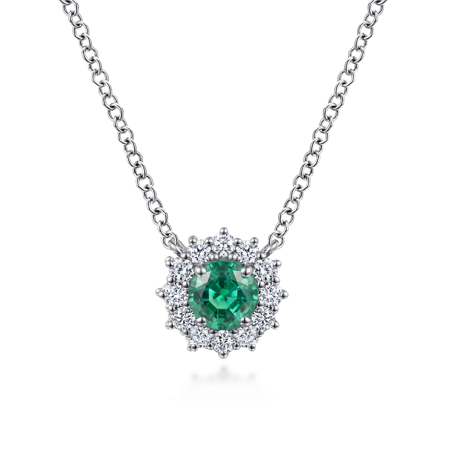18 inch Round Emerald and Diamond Halo Pendant Necklace