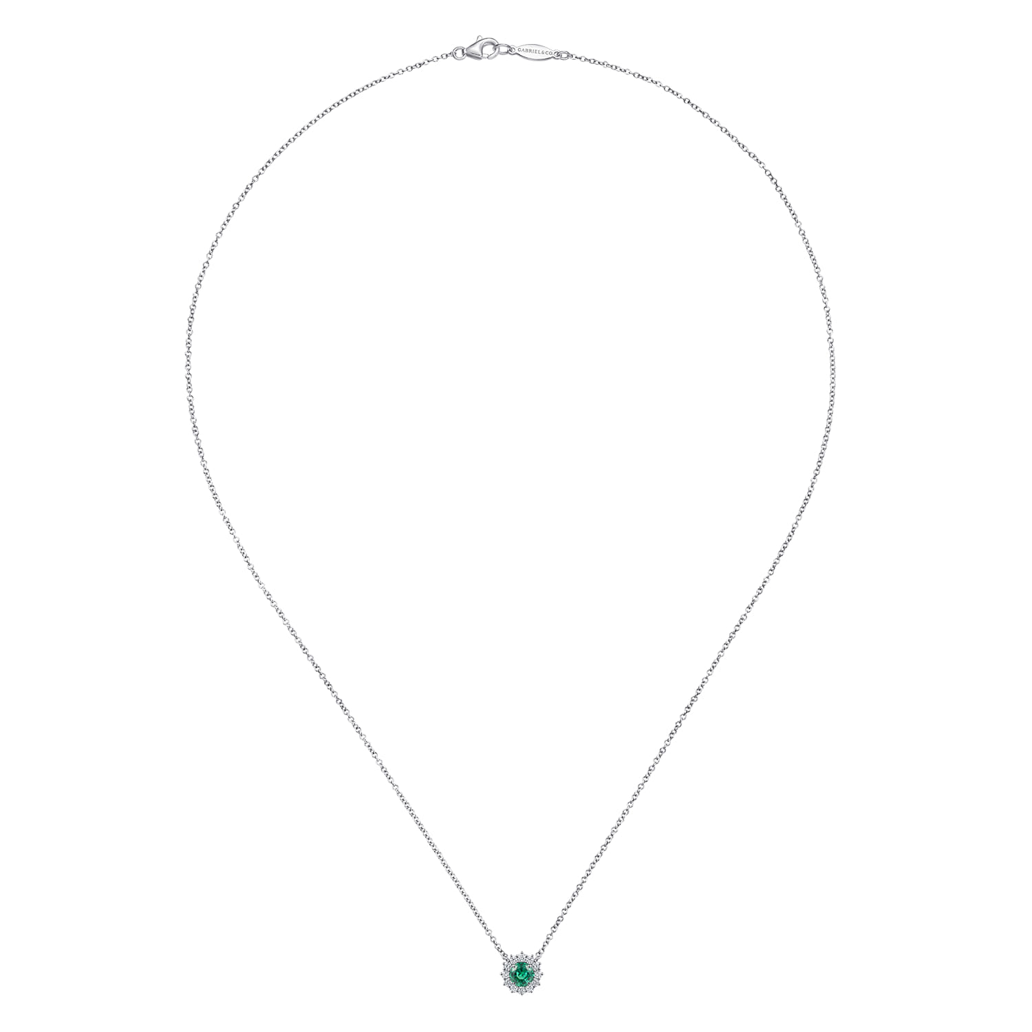 18 inch Round Emerald and Diamond Halo Pendant Necklace in 14K White Gold, photograph 2