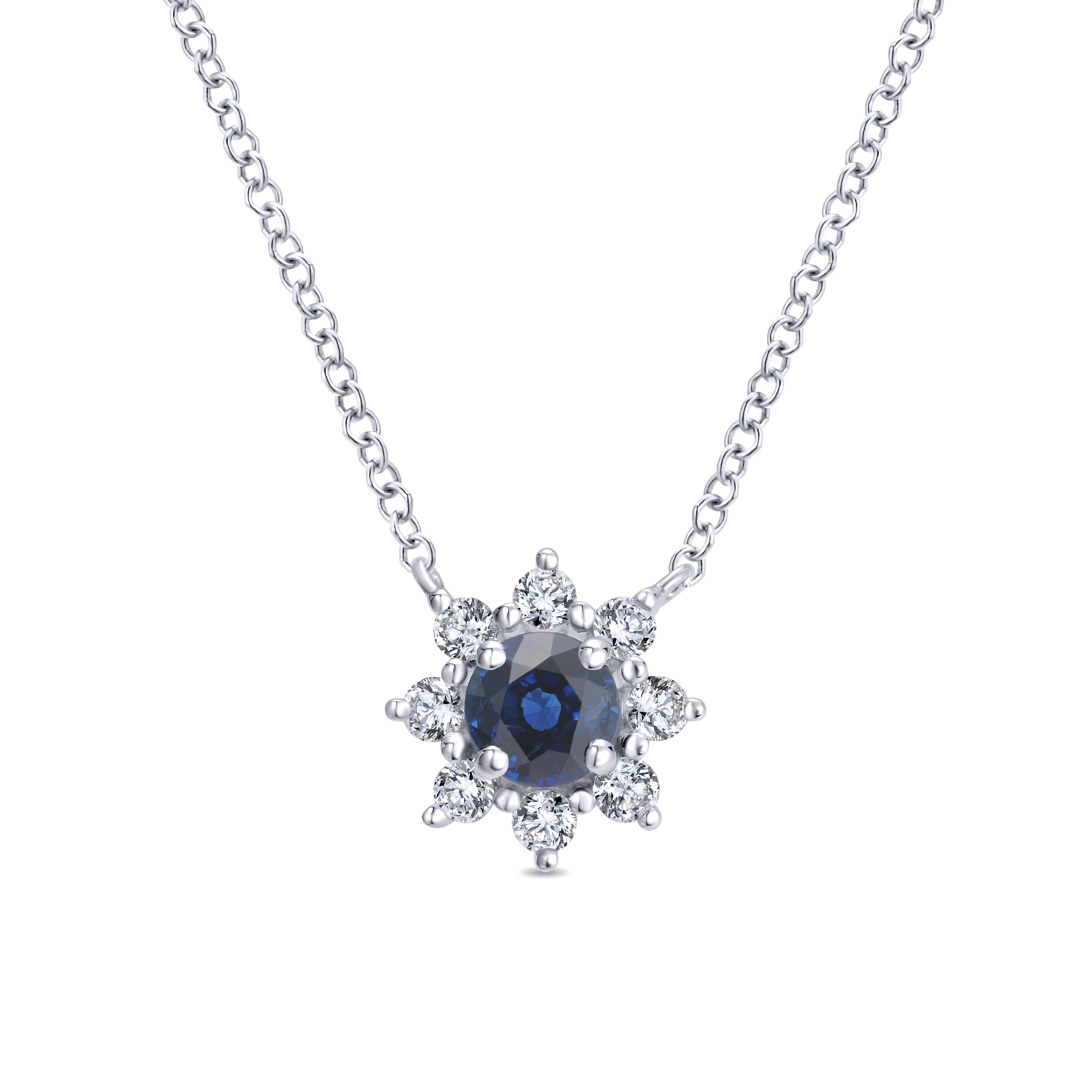 18 inch Sapphire and Diamond Halo Floral Pendant Necklace in 14K White Gold