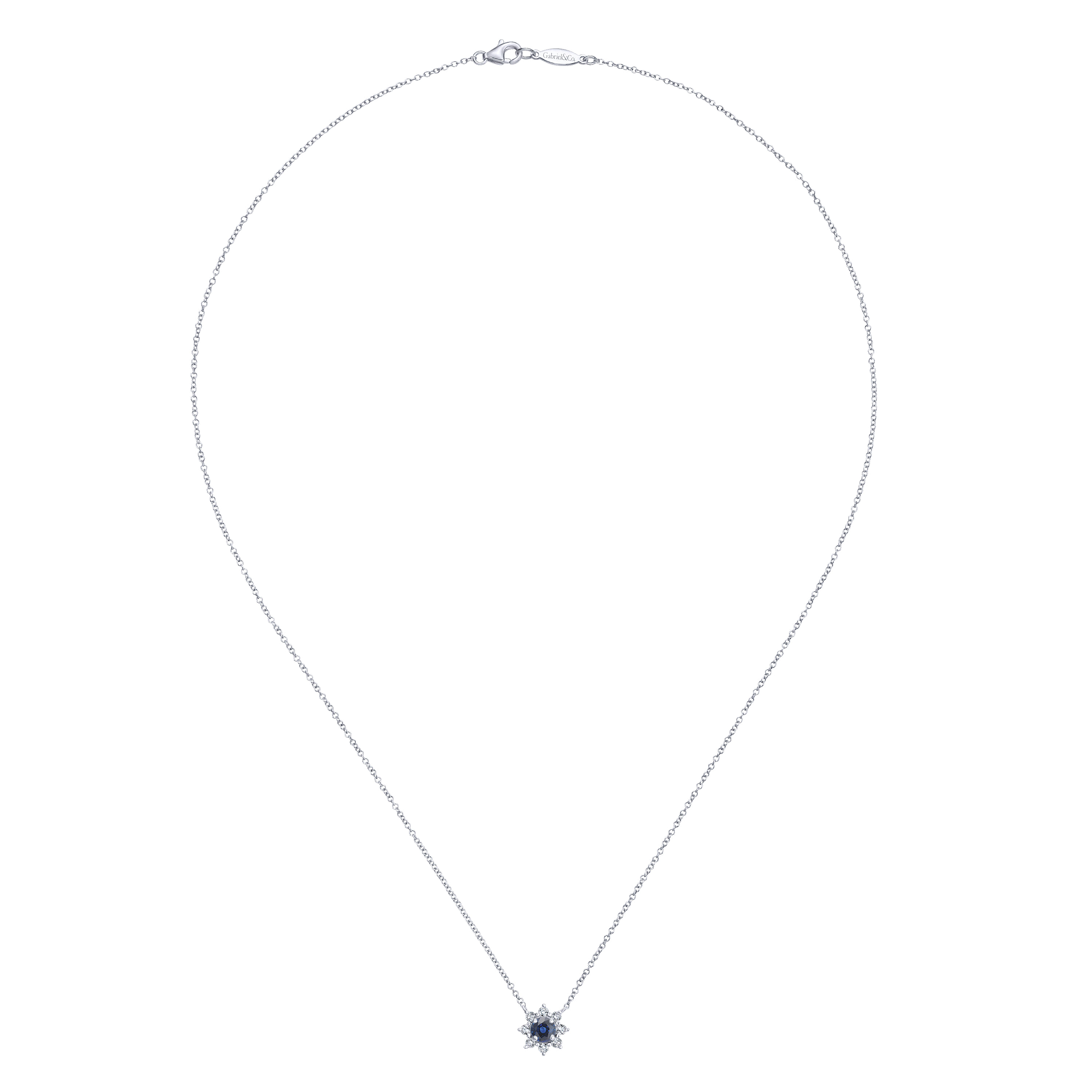 18 inch Sapphire and Diamond Halo Floral Pendant Necklace in 14K White Gold, photograph 2