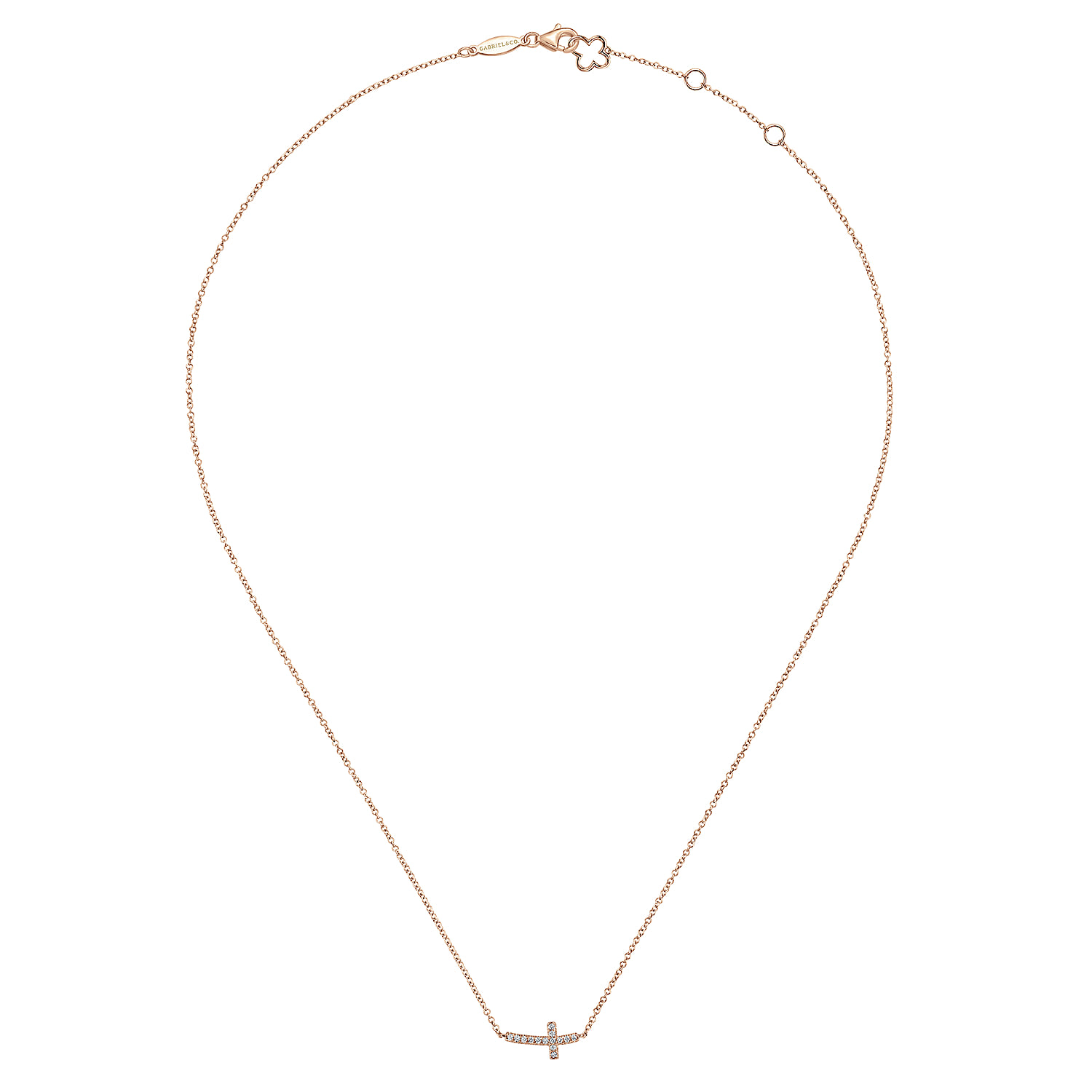 Sideways Curved Diamond Cross Necklace in 14K Rose Gold, photograph 2
