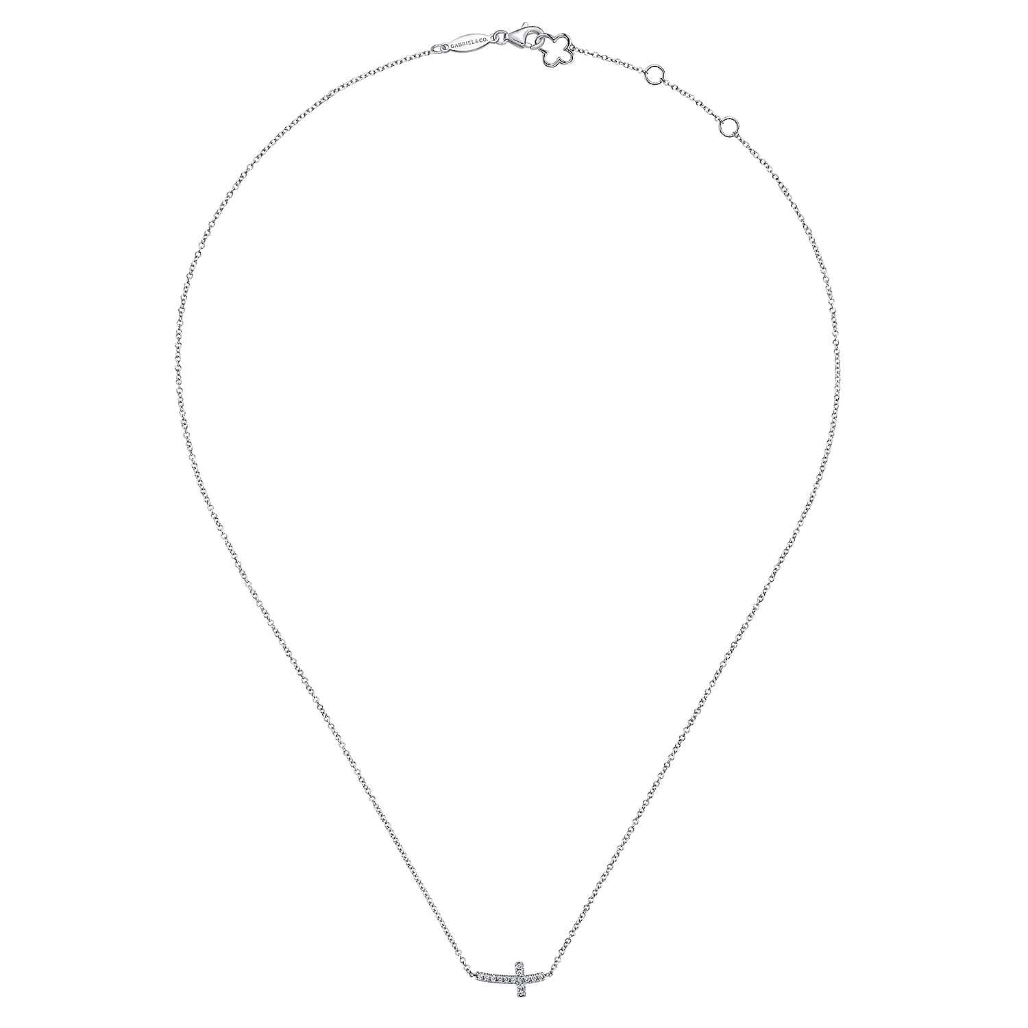 Sideways Curved Diamond Cross Necklace in 14K White Gold, photograph 2