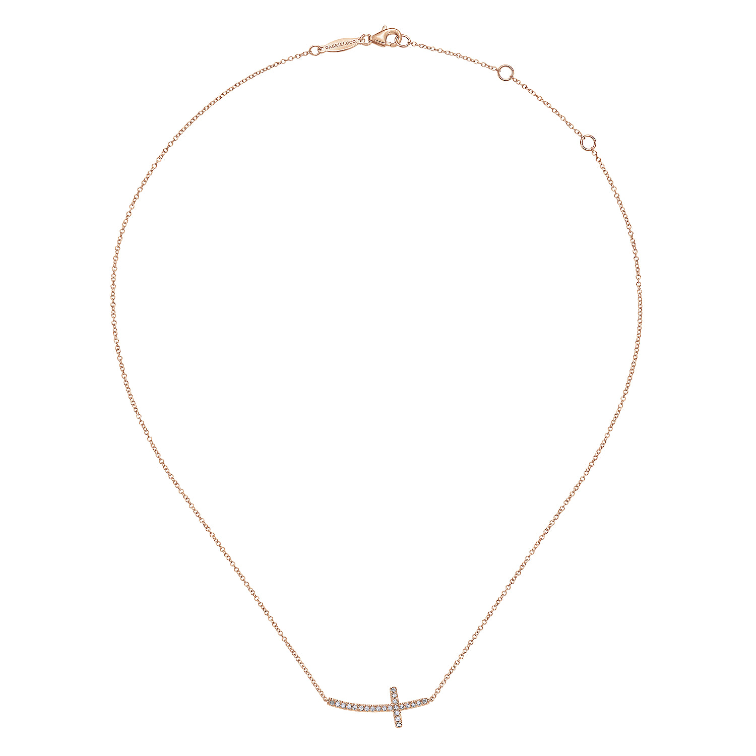 Sideways Curved Diamond Cross Necklace in 14K Rose Gold, photograph 2