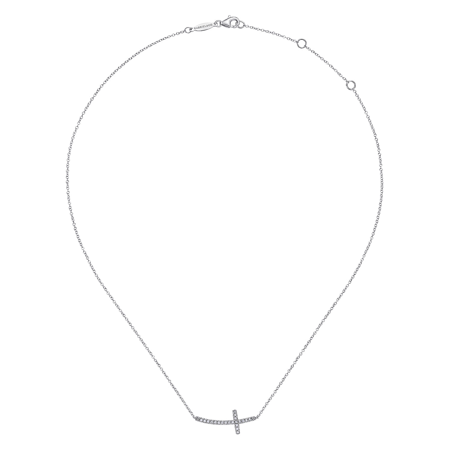 Sideways Curved Diamond Cross Necklace in 14K White Gold, photograph 2