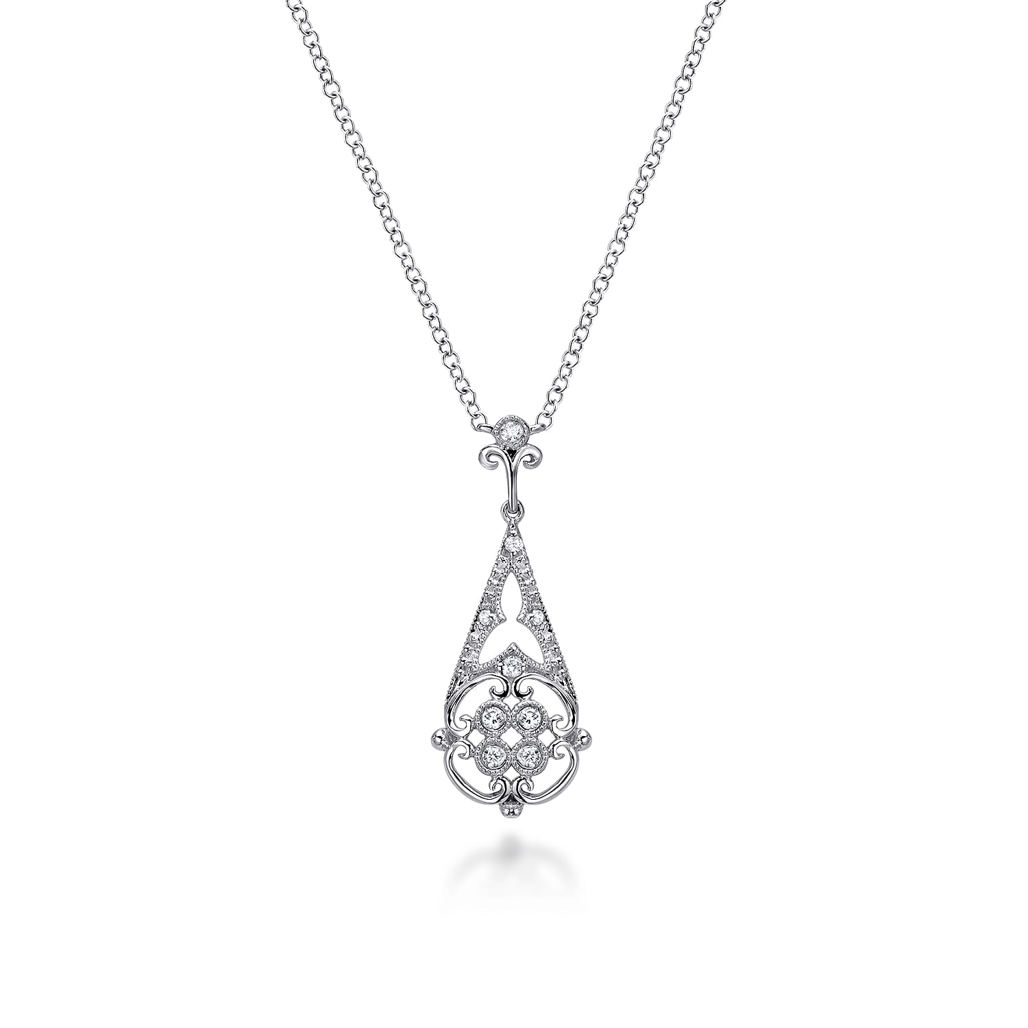 Vintage Inspired Diamond Teardrop Pendant Necklace in 14K White Gold