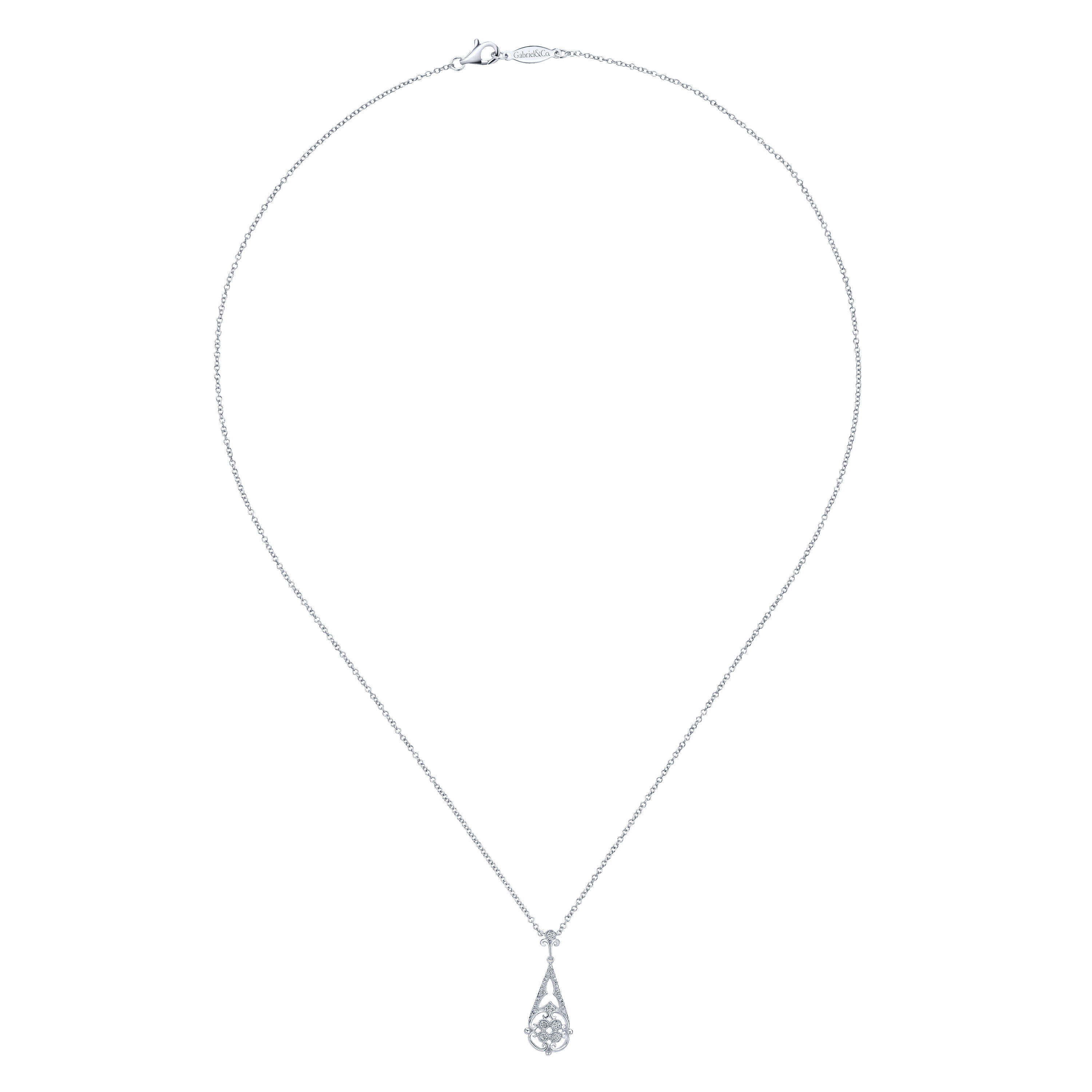 Vintage Inspired Diamond Teardrop Pendant Necklace in 14K White Gold, photograph 2