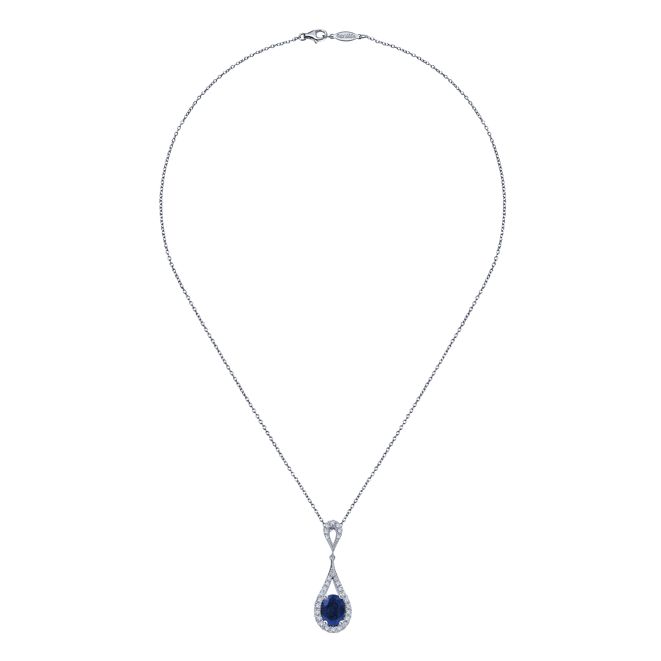 Long Oval Sapphire and Diamond Teardrop Pendant Necklace in 14K White Gold, photograph 2