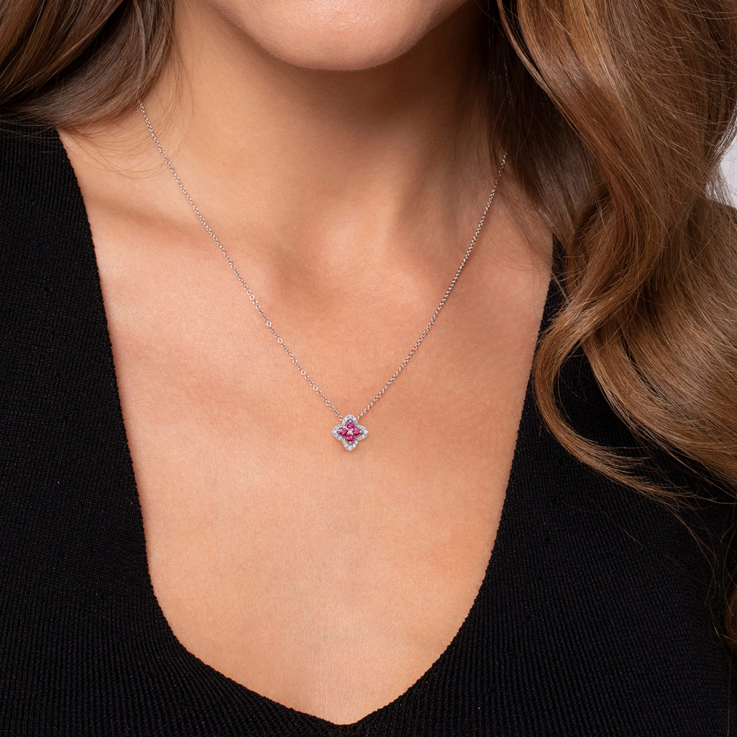 Ruby and Diamond Clover Pendant Necklace in 14K White Gold, photograph 3