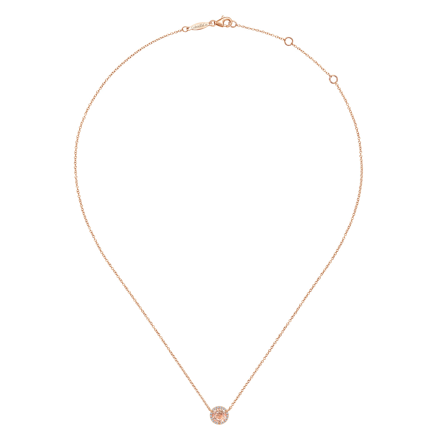 Round Morganite and Diamond Halo Pendant Necklace in 14K Rose Gold, photograph 2