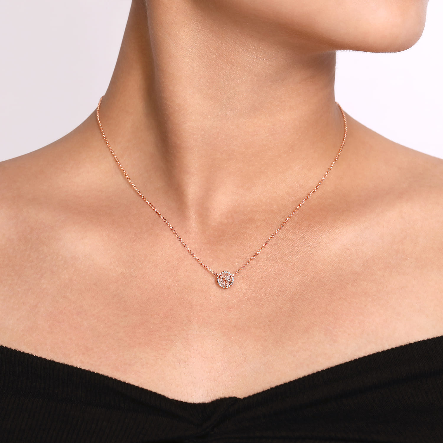 Round Morganite and Diamond Halo Pendant Necklace in 14K Rose Gold, photograph 3