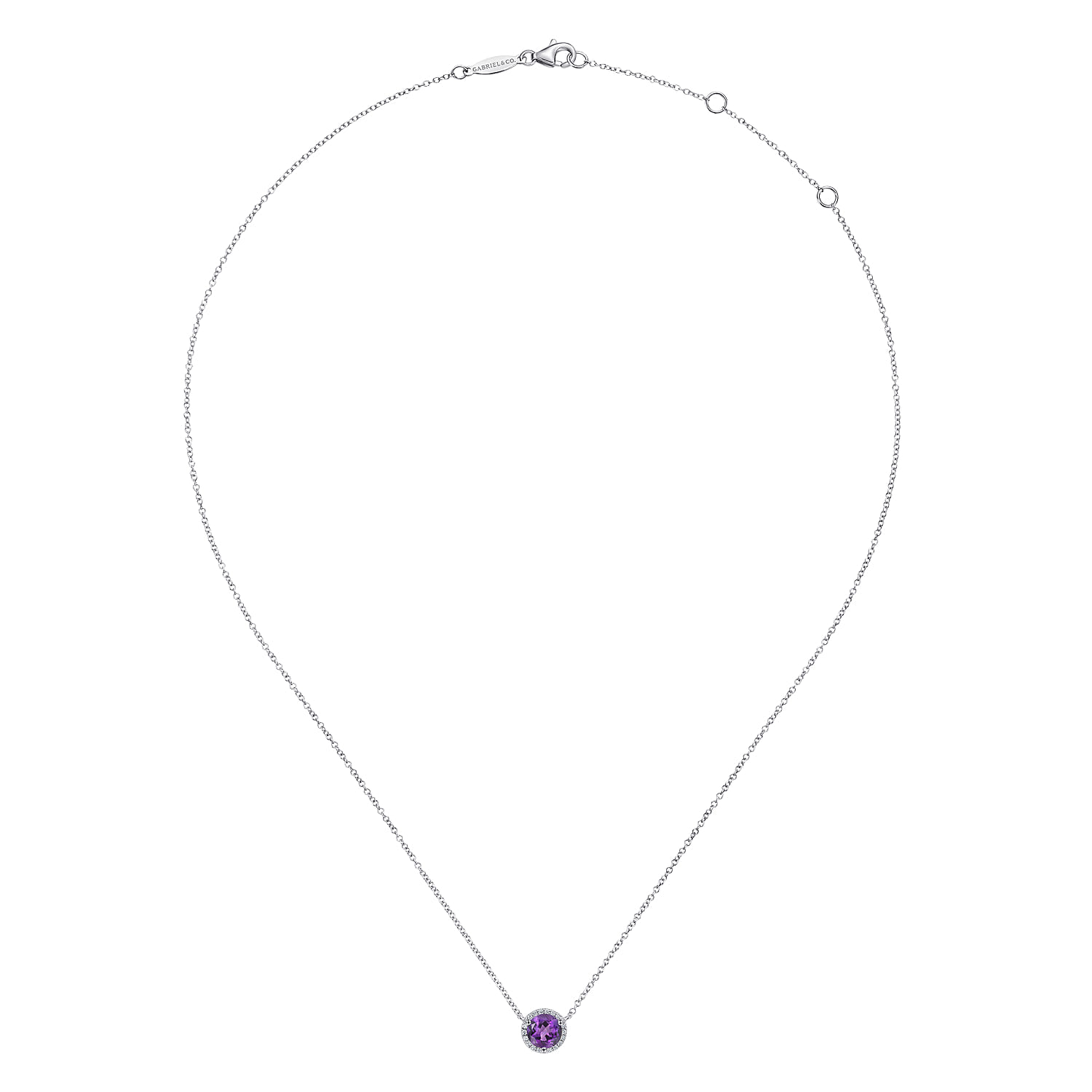 Round Amethyst and Diamond Halo Pendant Necklace in 14K White Gold, photograph 2