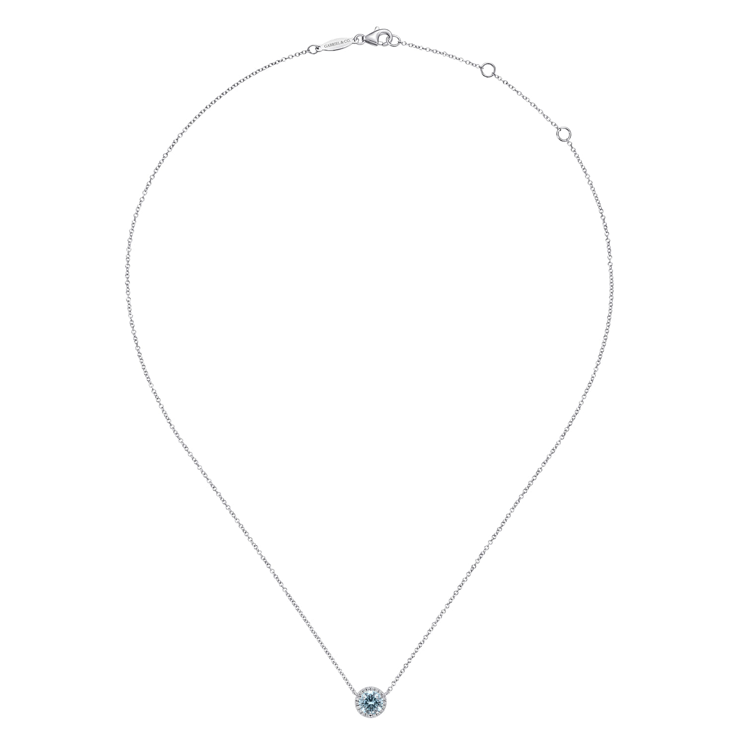 Round Aquamarine and Diamond Halo Pendant Necklace in 14K White Gold, photograph 2