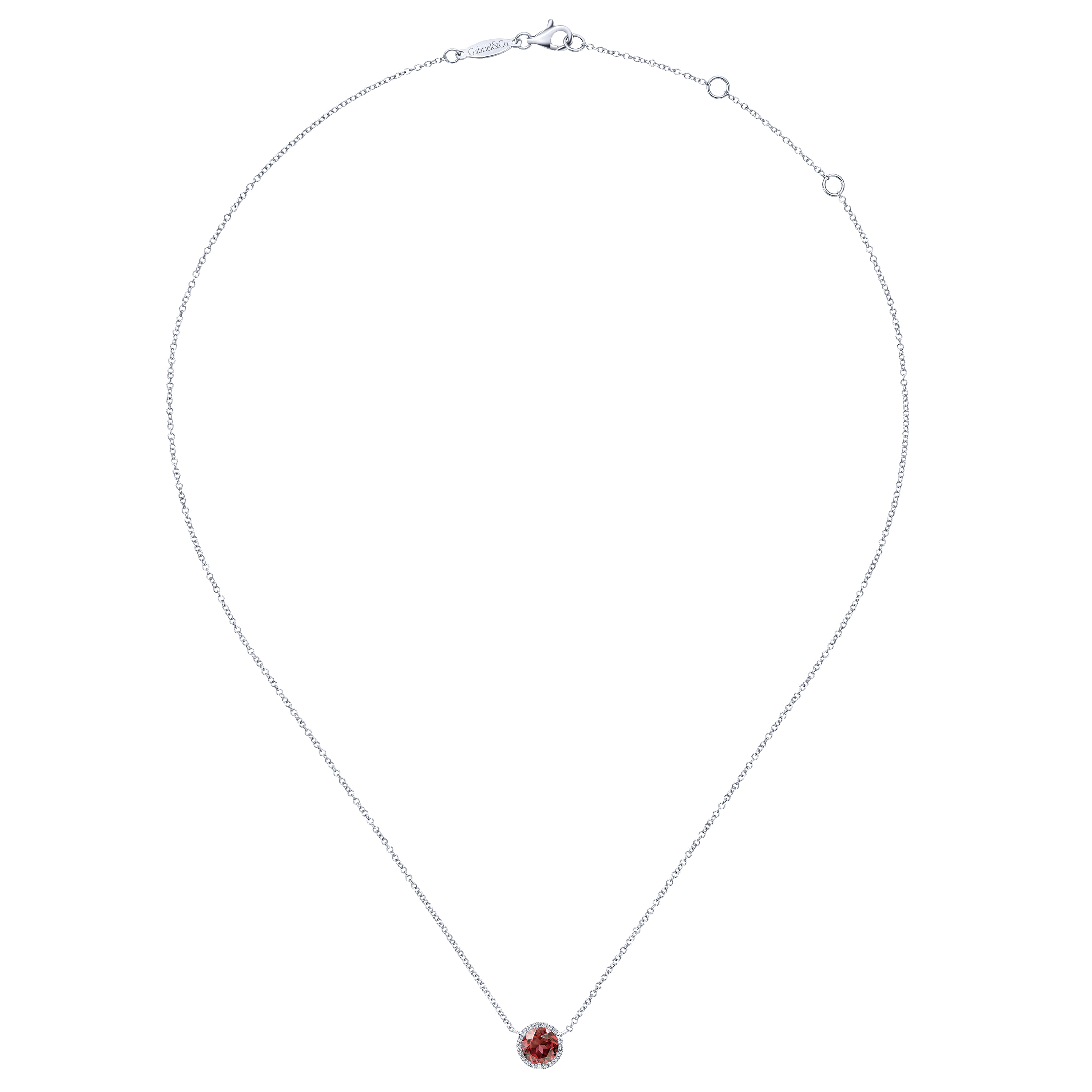 Round Garnet and Diamond Halo Pendant Necklace in 14K White Gold, photograph 2