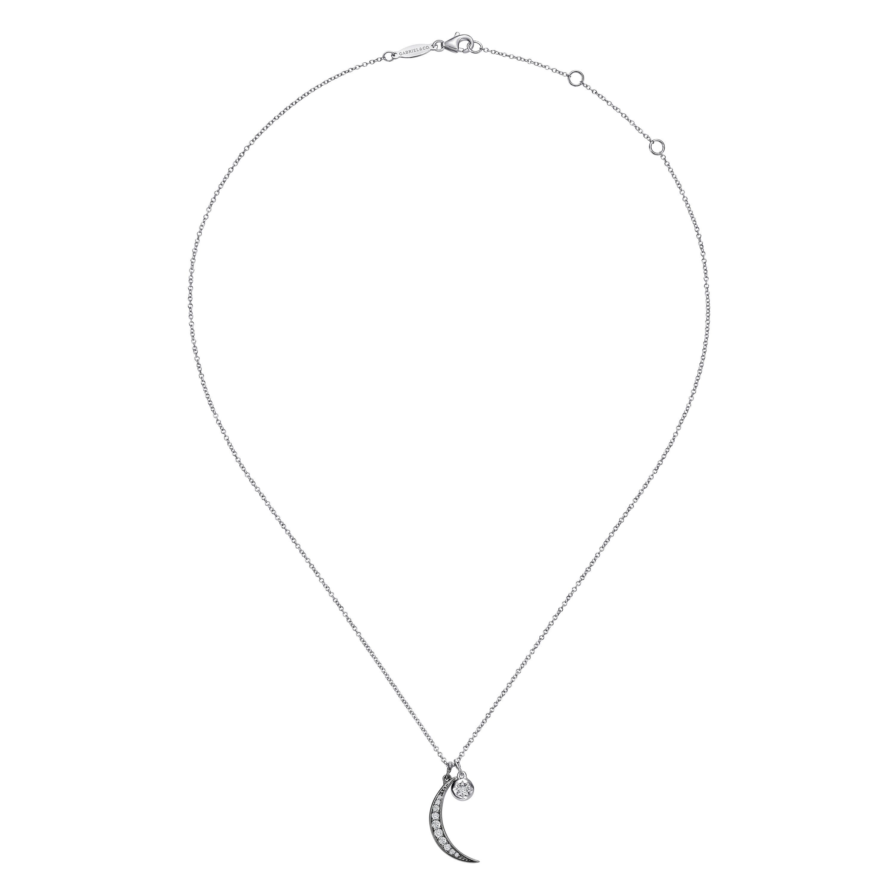 Star and Black Rhodiumed Moon Charm Necklace with White Sapphire in Sterling Silver, photograph 2