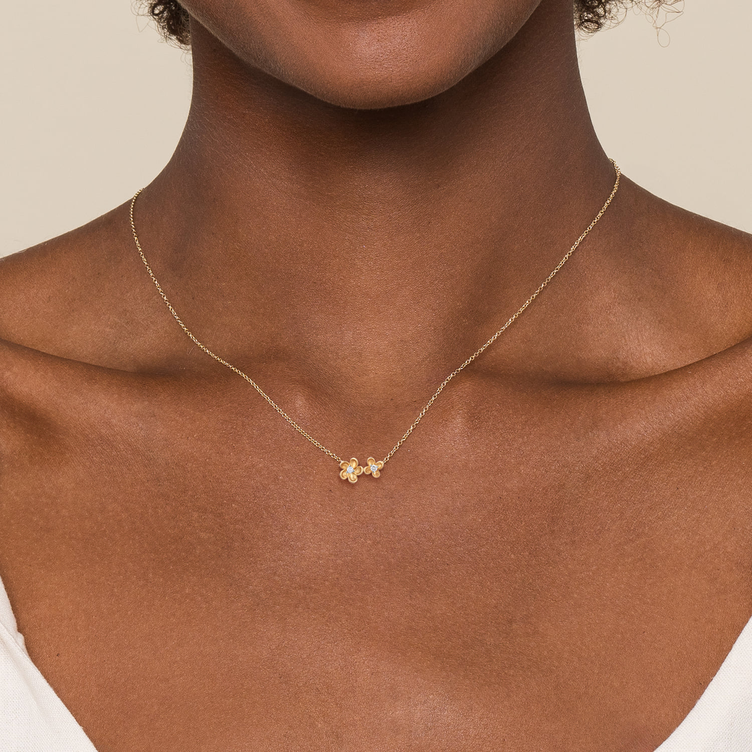 Double Flower Diamond Necklace in 14K Yellow Gold, photograph 3