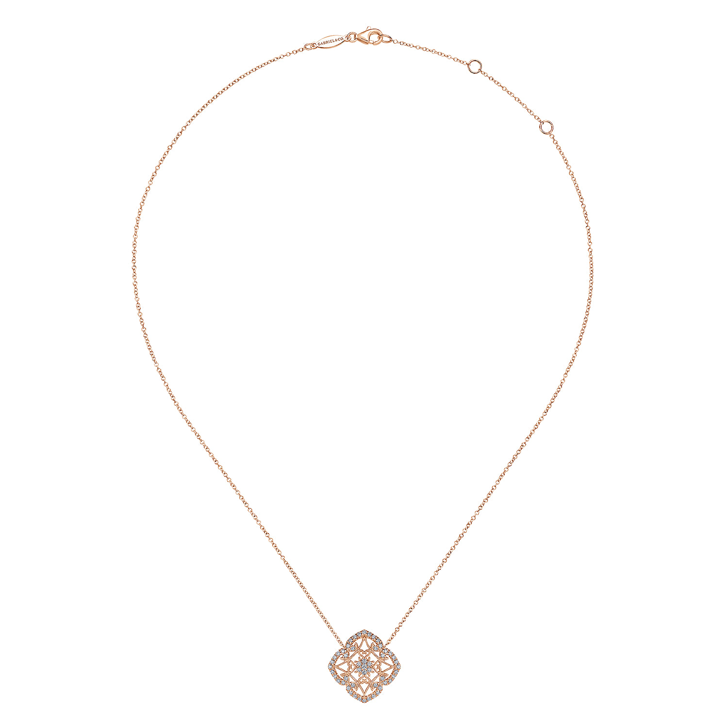 Vintage Inspired Filigree Diamond Pendant Necklace in 14K Rose Gold, photograph 2