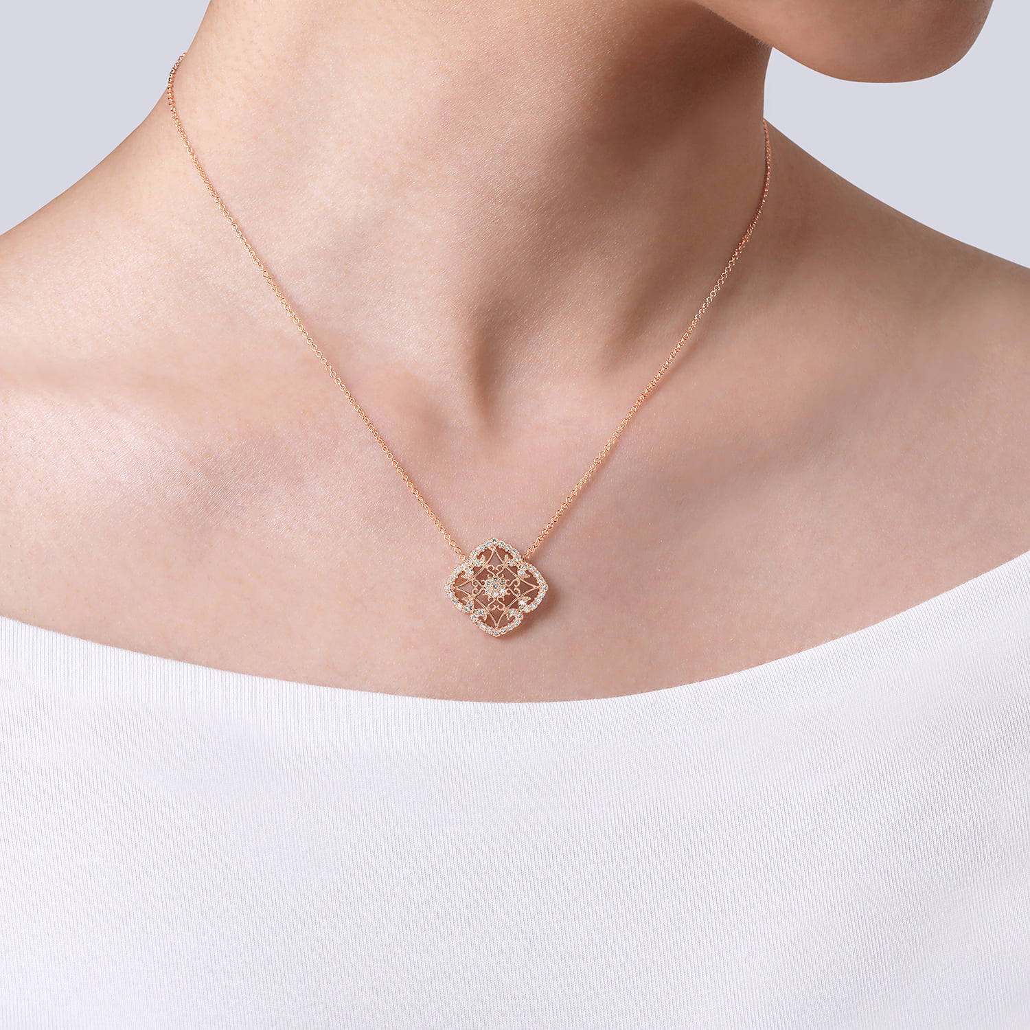 Vintage Inspired Filigree Diamond Pendant Necklace in 14K Rose Gold, photograph 3