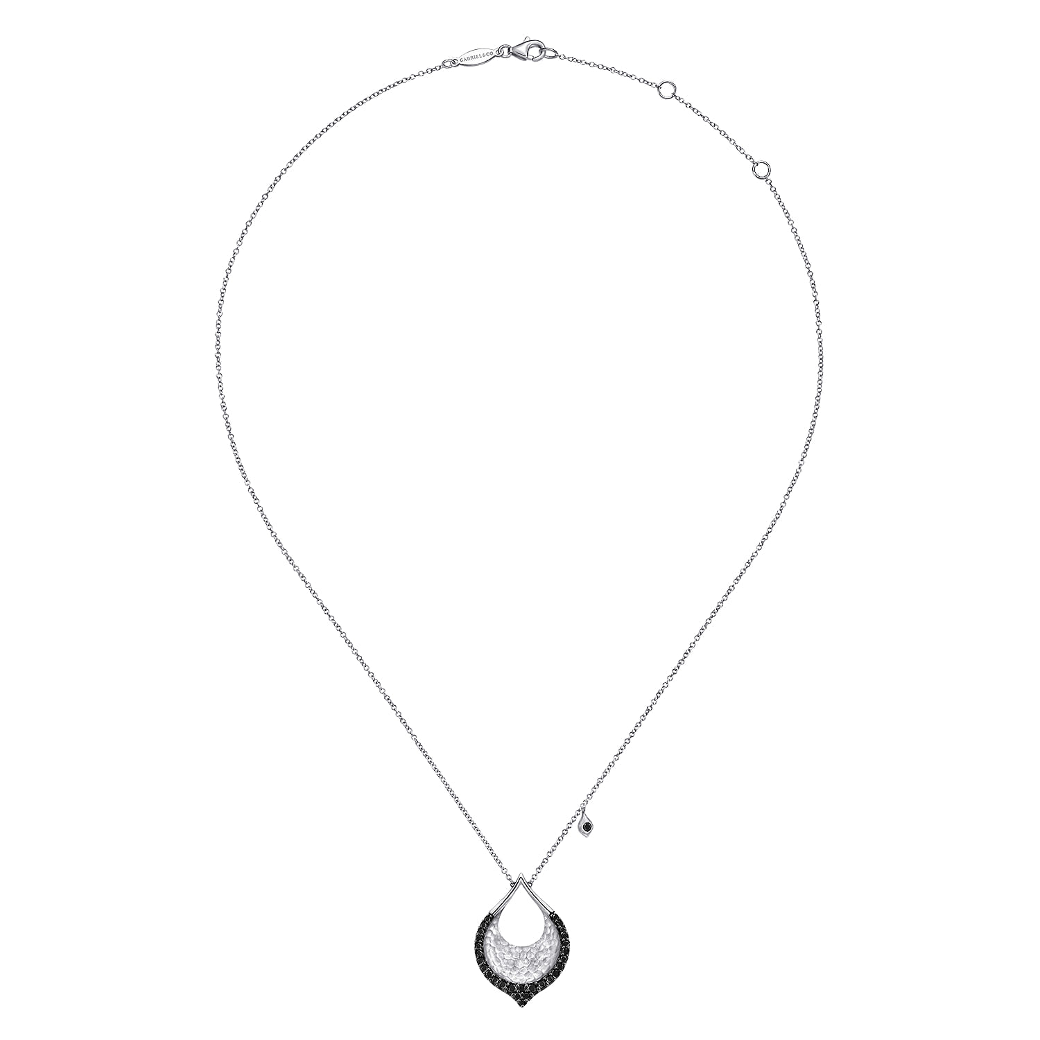 Hammered Black Spinel Teardrop Pendant Necklace in Sterling Silver, photograph 2