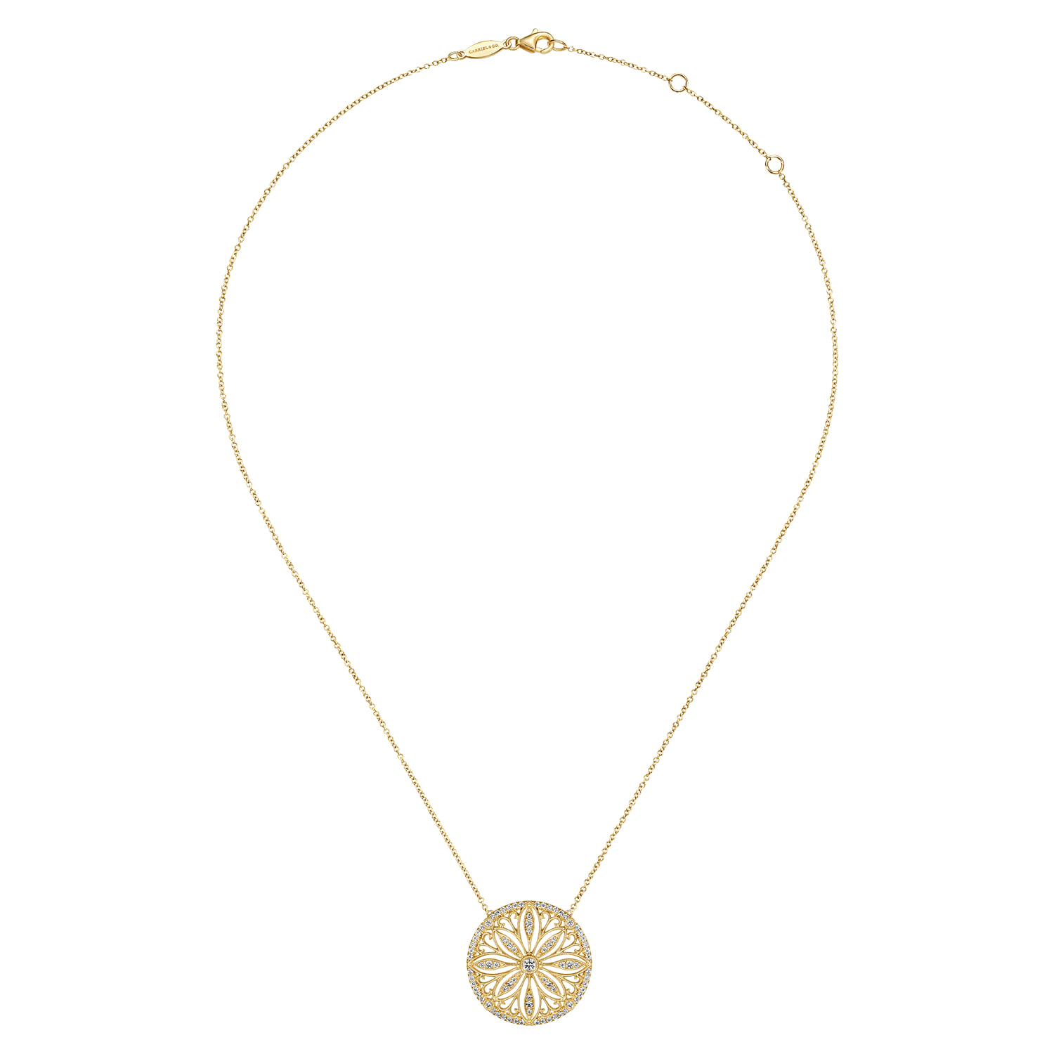 Vintage Inspired Floral Diamond Pendant Necklace in 14K Yellow Gold, photograph 2
