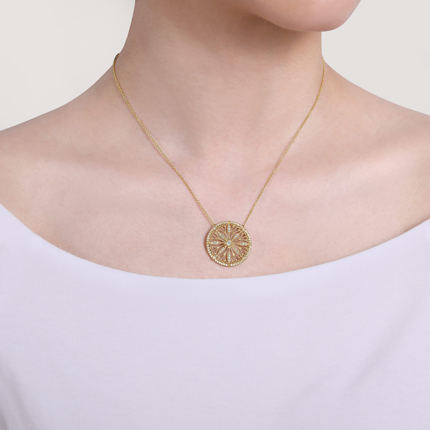 Vintage Inspired Floral Diamond Pendant Necklace in 14K Yellow Gold, photograph 3