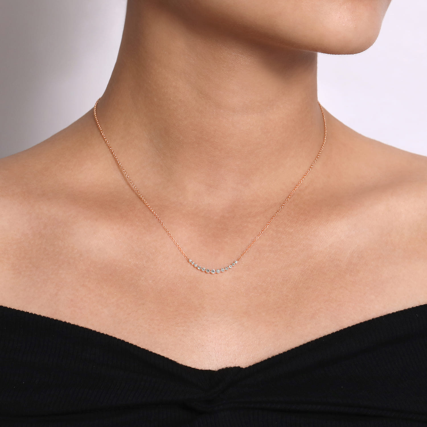 Diamond Curved Bar Necklace in 14K Rose Gold, photograph 3