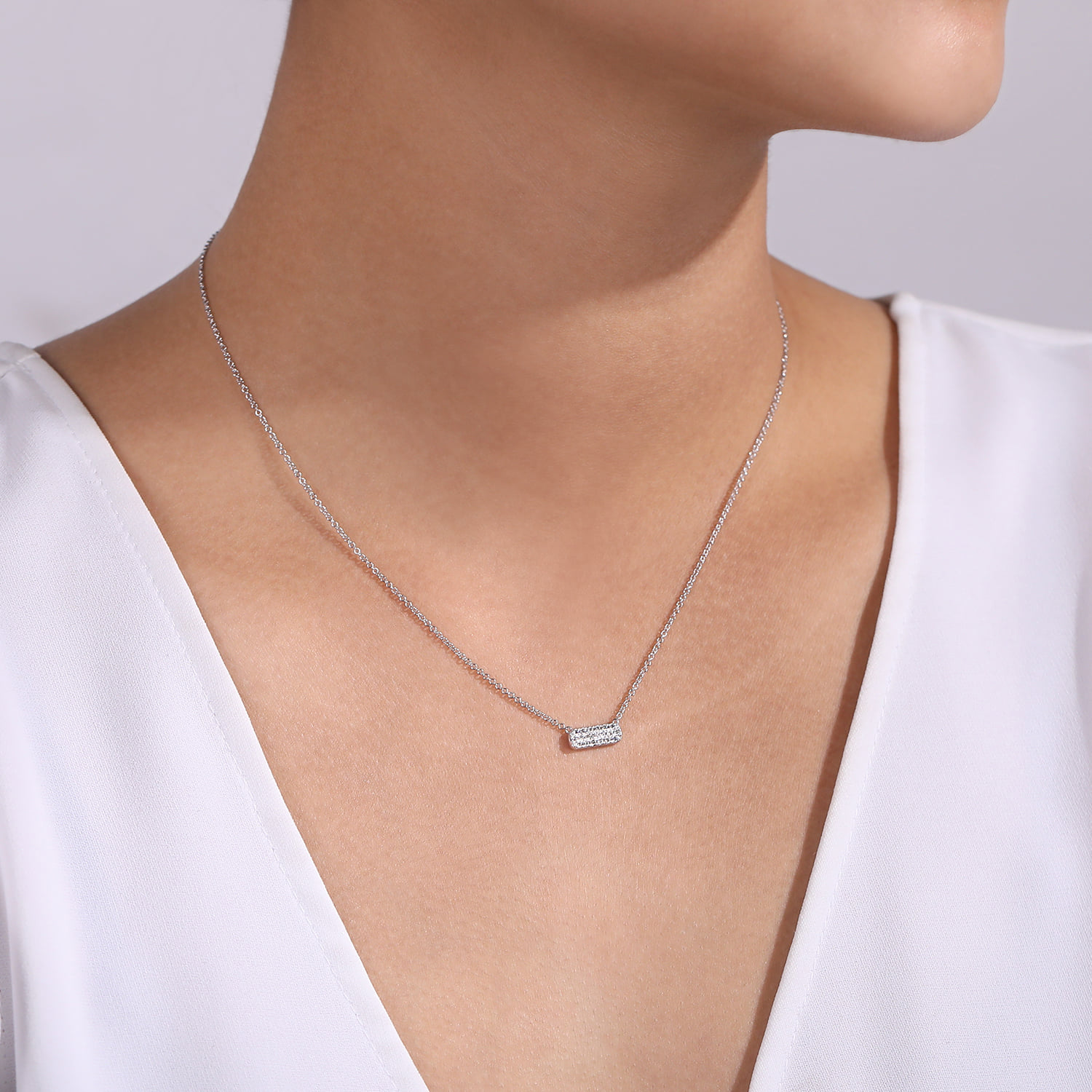 Pave Diamond Bar Necklace in 14K White Gold, photograph 3