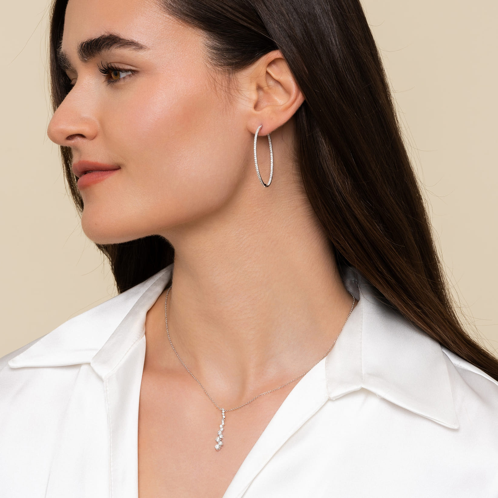 Linear Diamond Cluster Drop Pendant Necklace in 14K White Gold, photograph 4