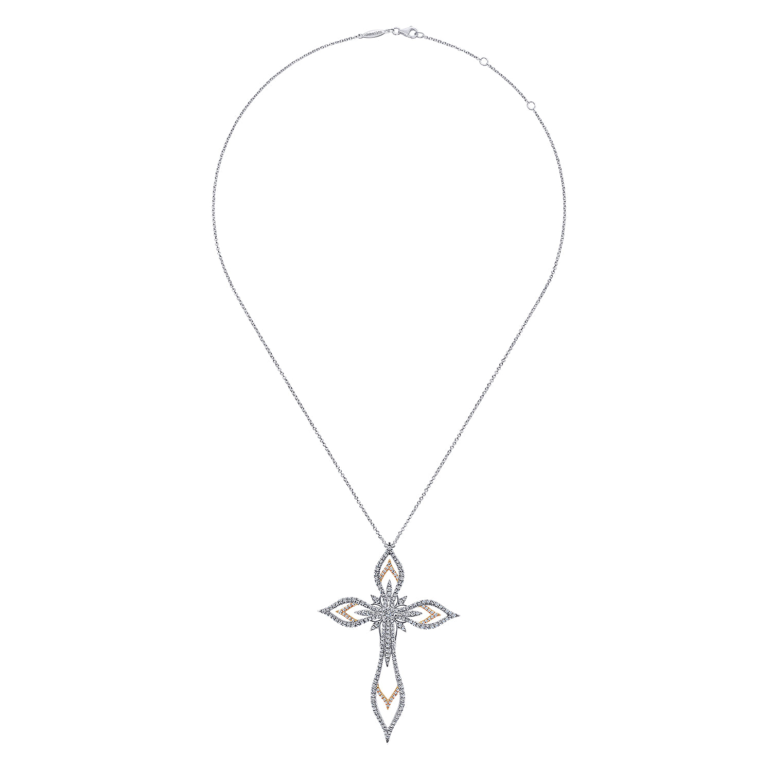 Openwork Diamond Cross Pendant Necklace in 18K White/Rose Gold, photograph 2
