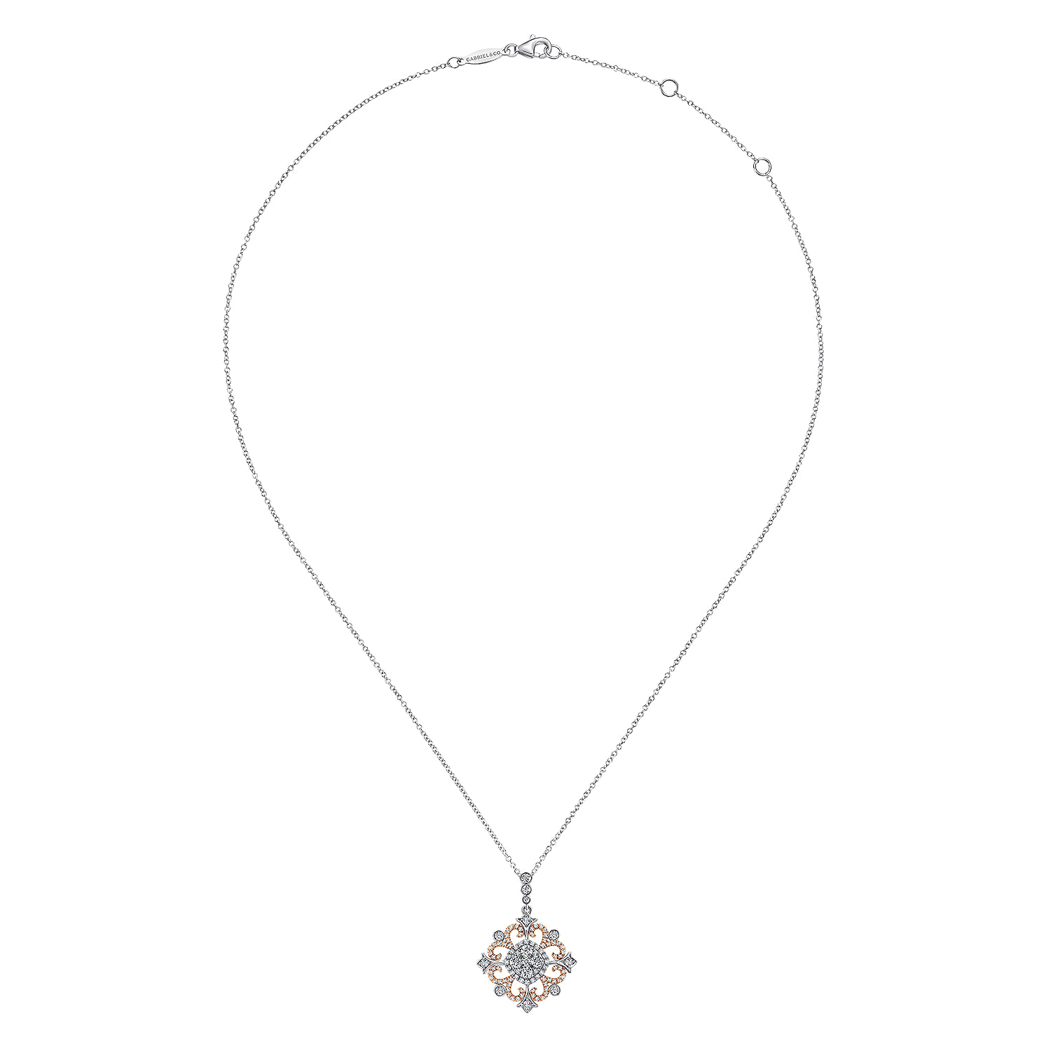 Openwork Diamond Pendant Necklace in 14K White/Rose Gold, photograph 2
