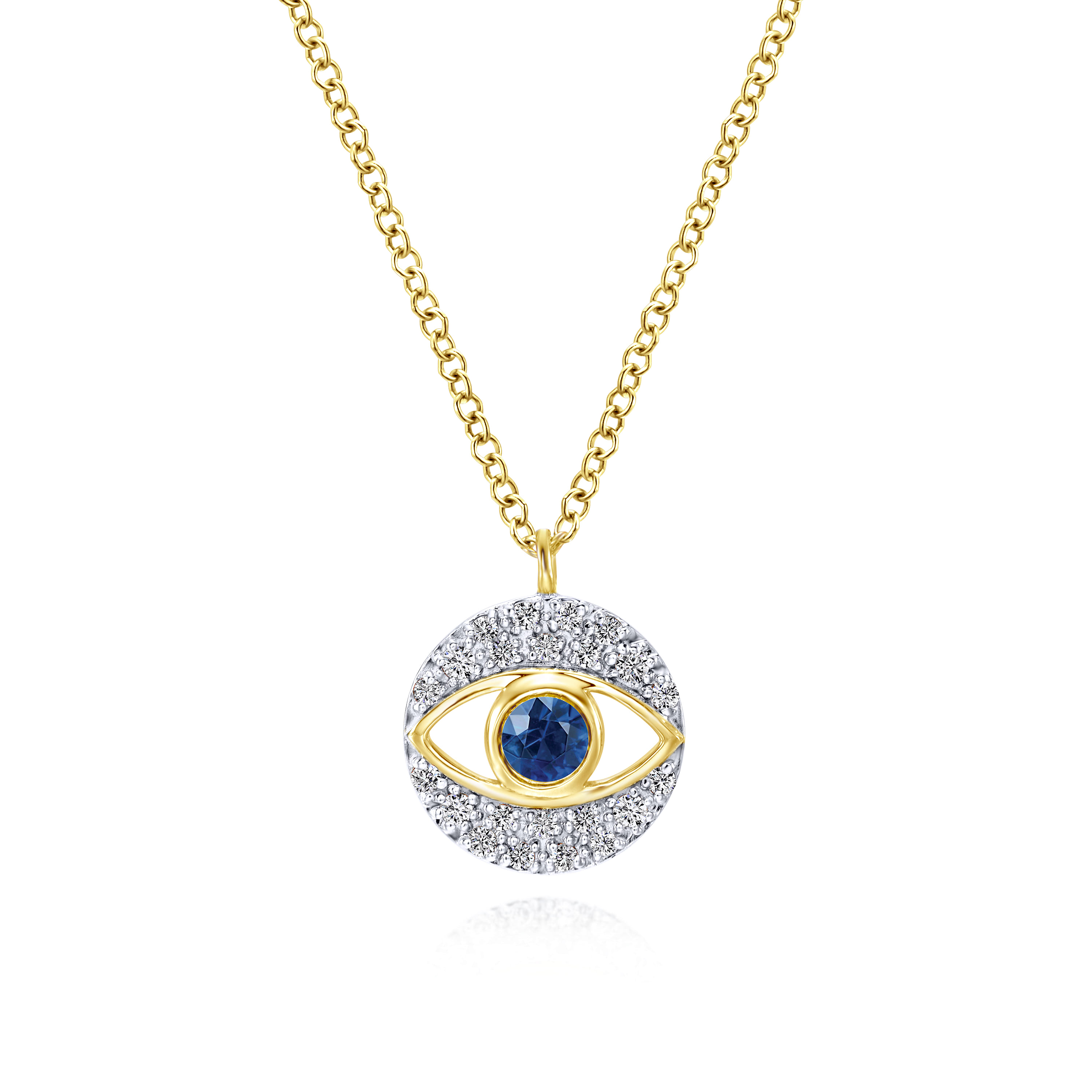 Round Sapphire and Diamond Evil Eye Pendant Necklace in 14K Yellow Gold