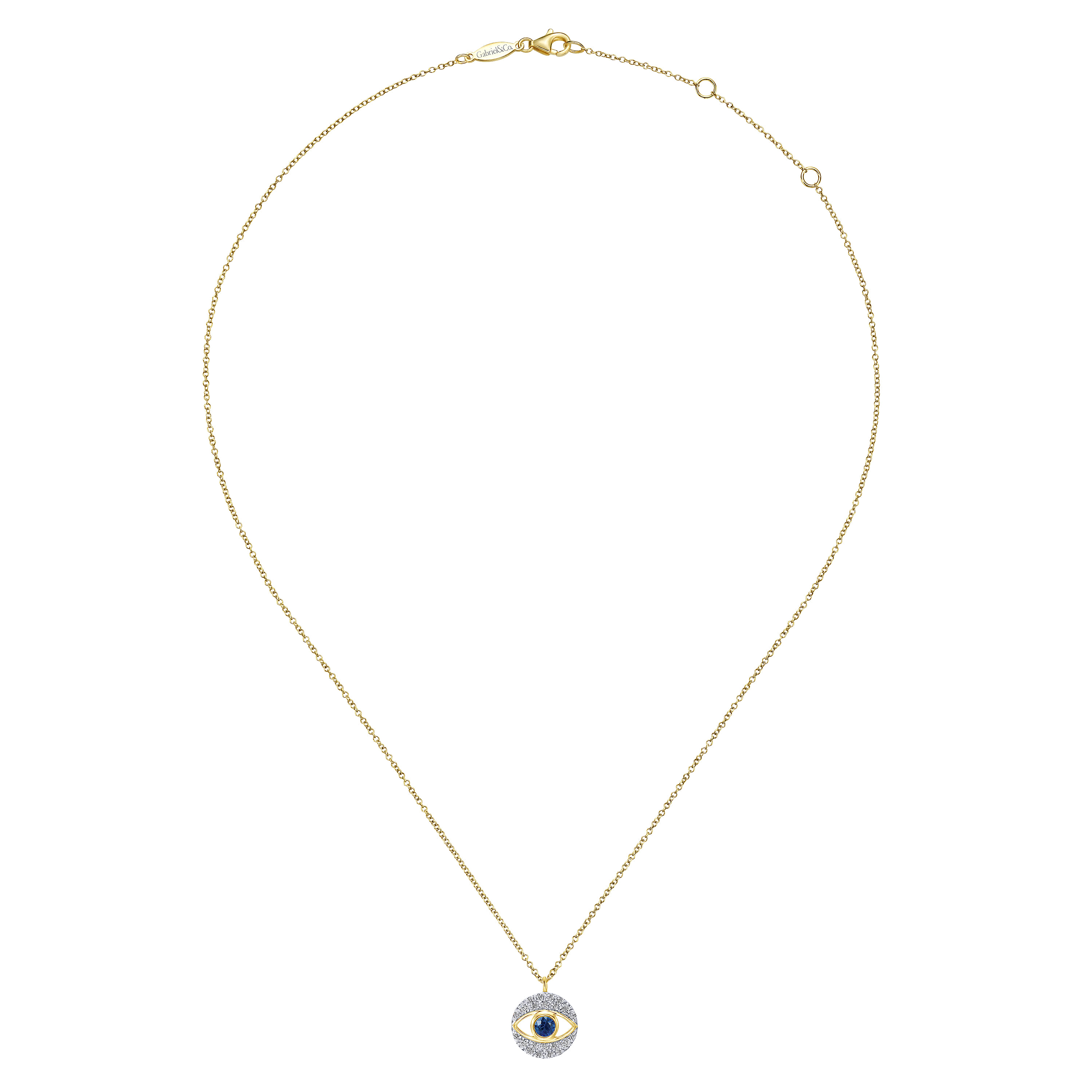 Round Sapphire and Diamond Evil Eye Pendant Necklace in 14K Yellow Gold, photograph 2