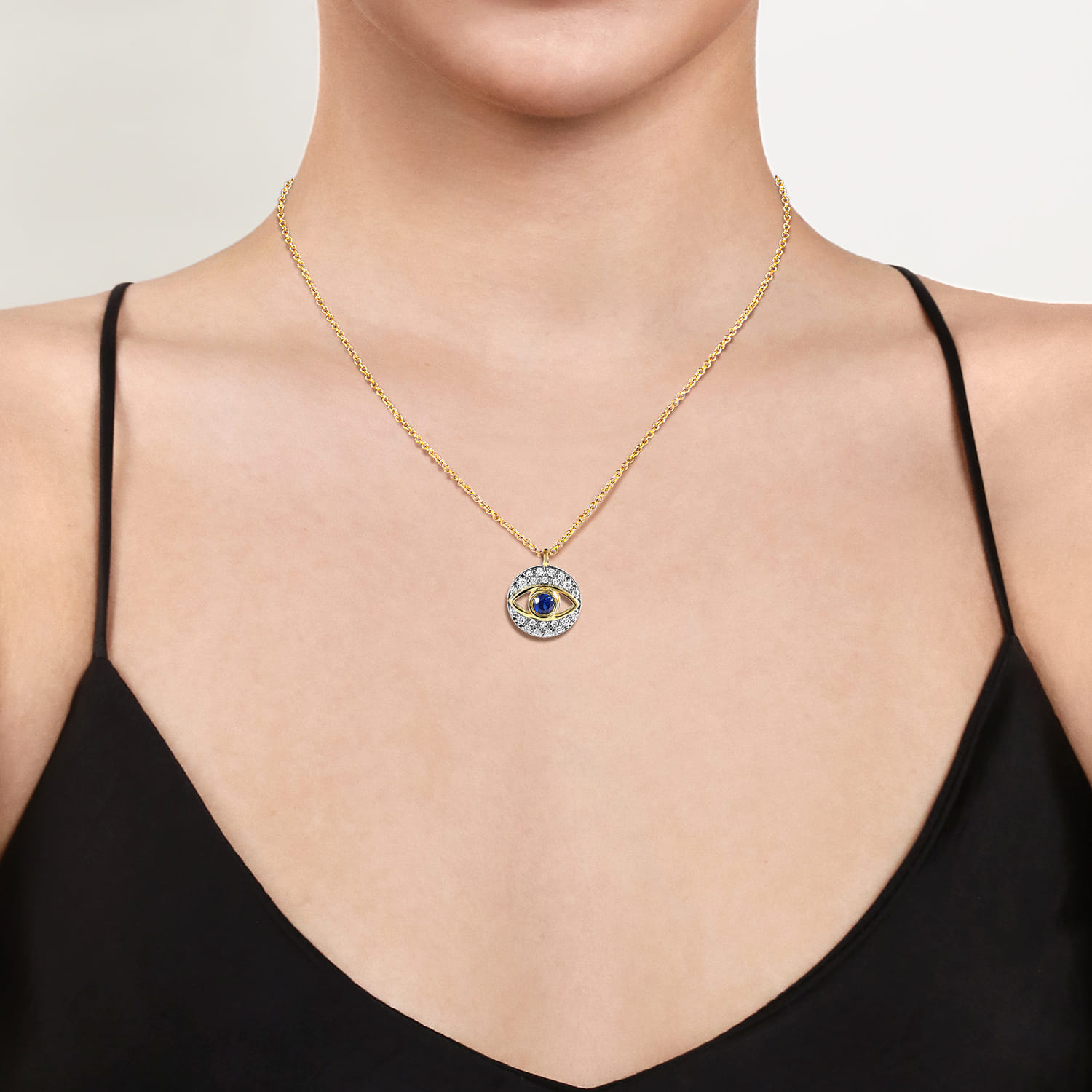 Round Sapphire and Diamond Evil Eye Pendant Necklace in 14K Yellow Gold, photograph 3