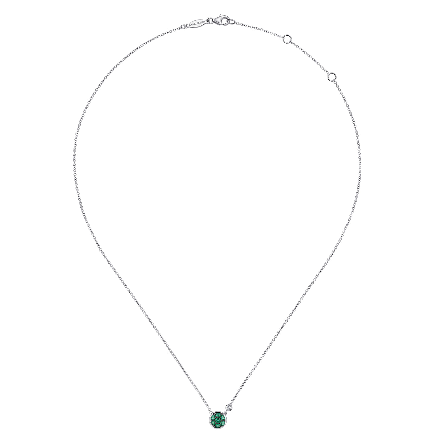 Emerald Cluster And Diamond Pendant Necklace in Sterling Silver, photograph 2