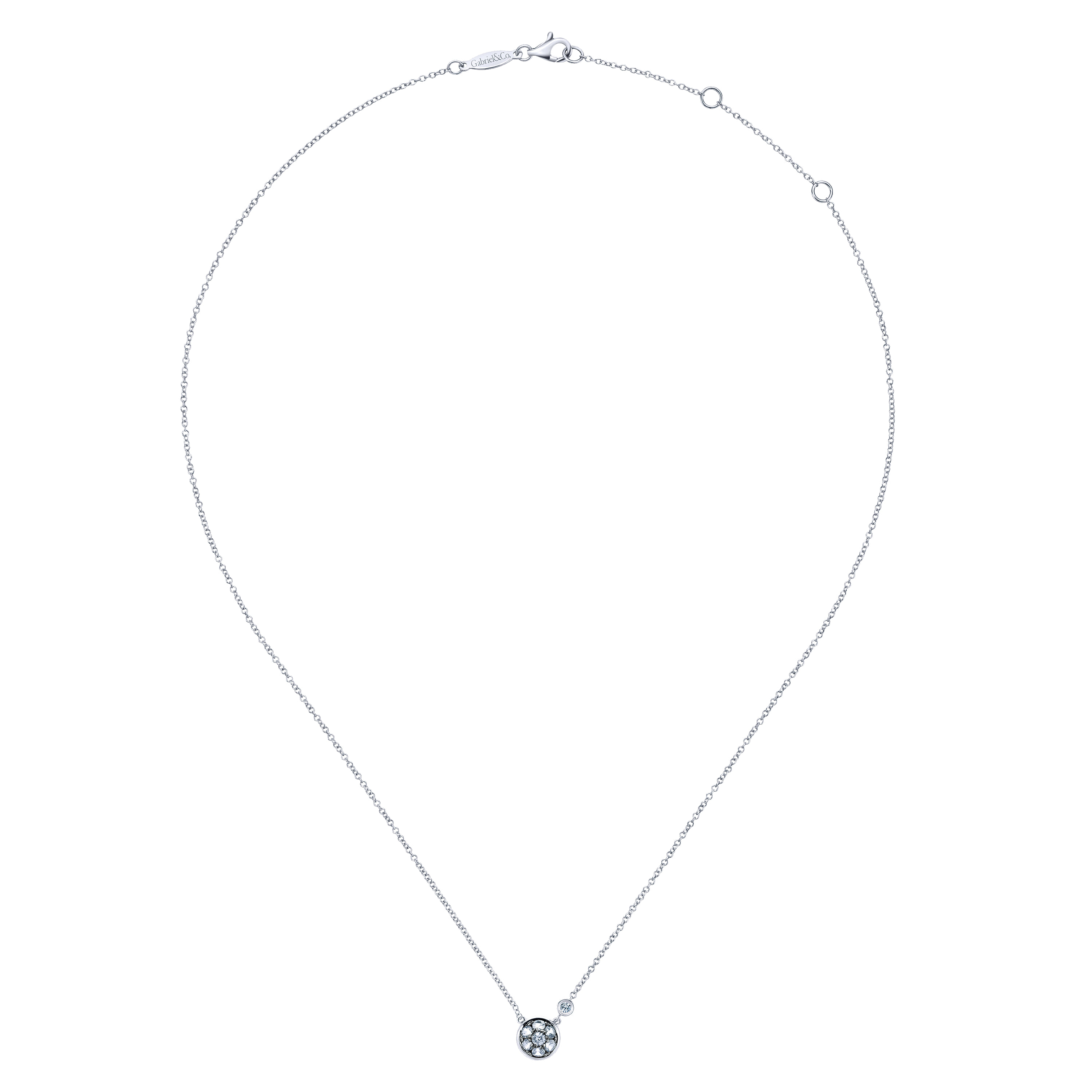 Round White Sapphire Cluster Pendant Necklace with Side Bezel Diamond in Sterling Silver, photograph 2