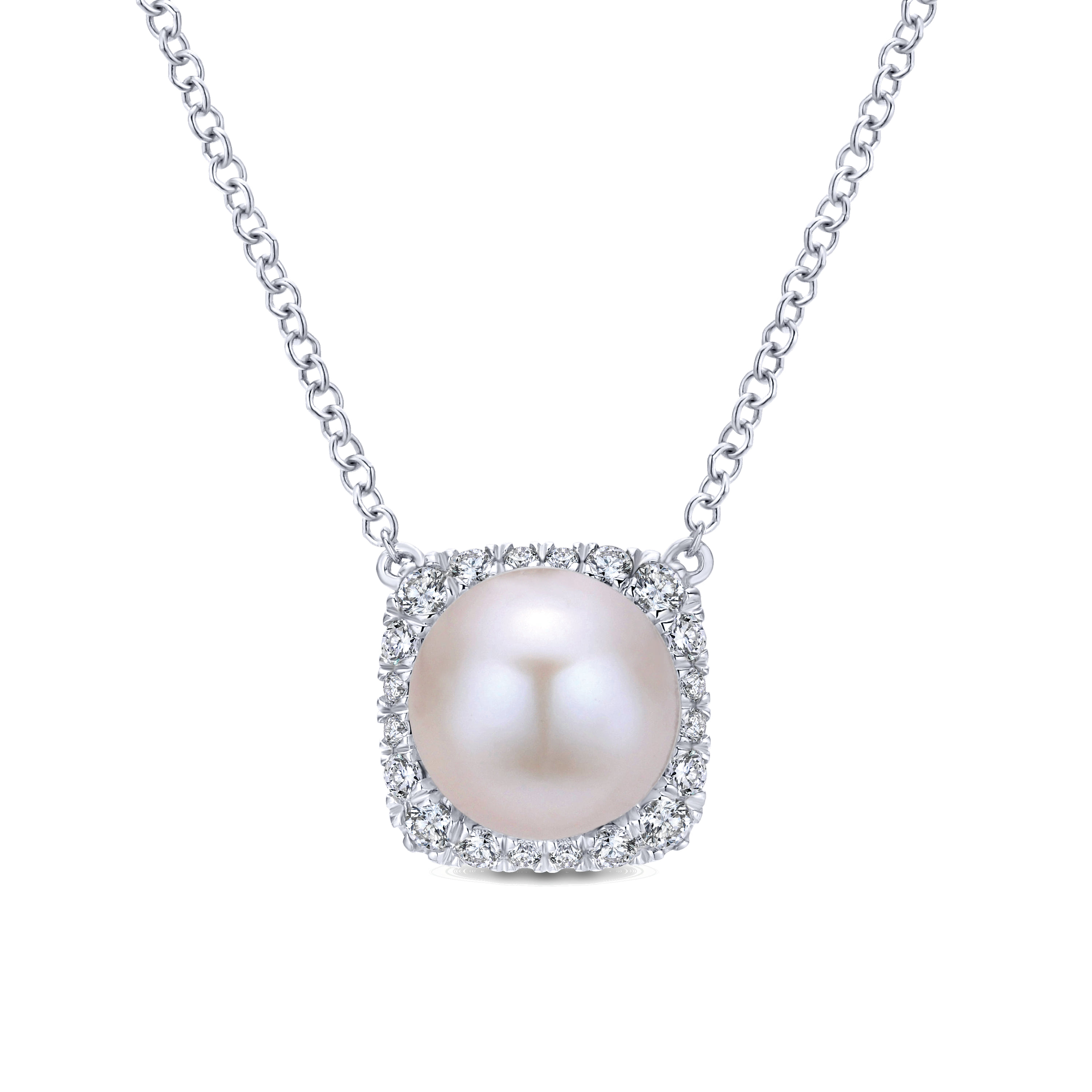 Round Cultured Pearl and Diamond Cushion Halo Pendant Necklace