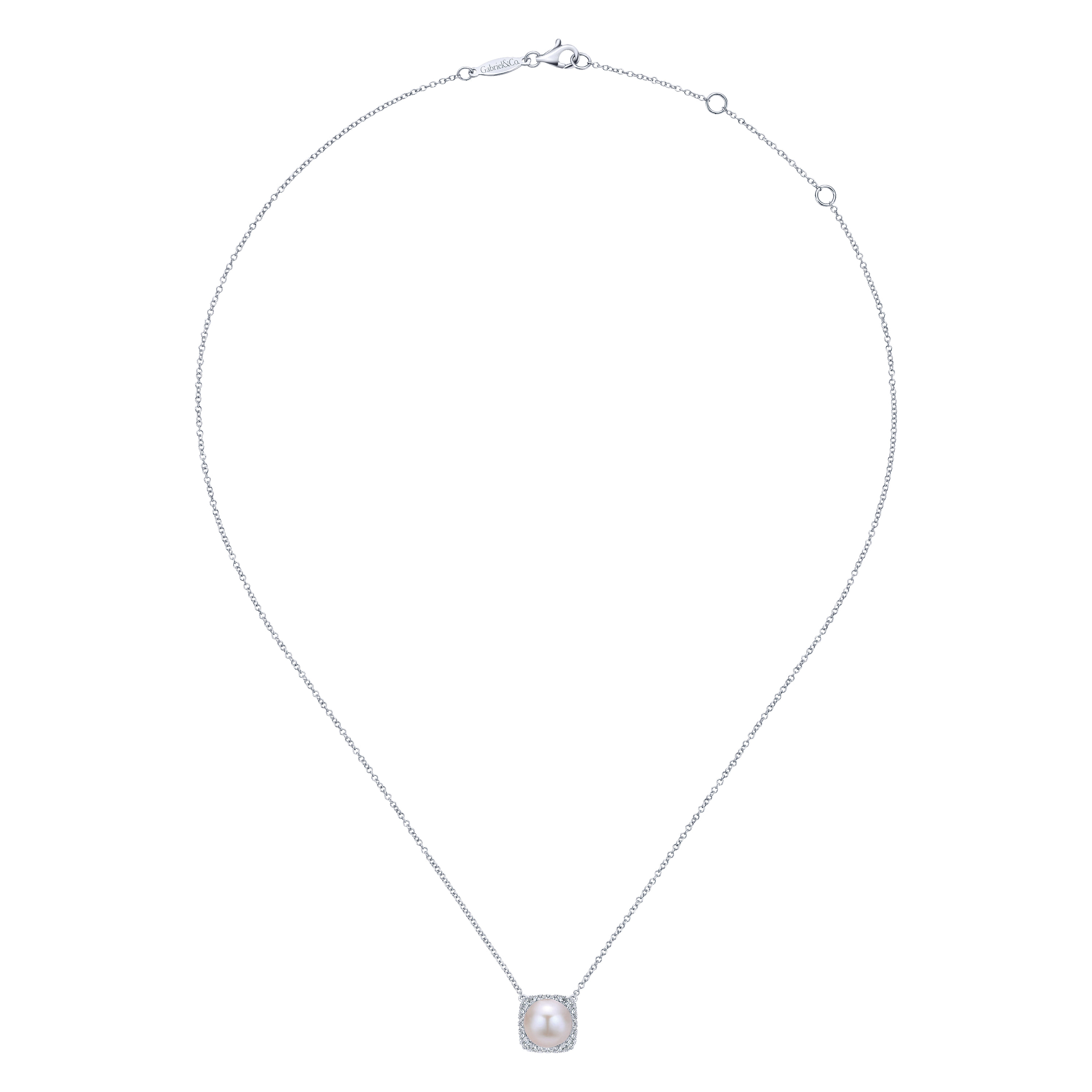 Round Cultured Pearl and Diamond Cushion Halo Pendant Necklace in 14K White Gold, photograph 2