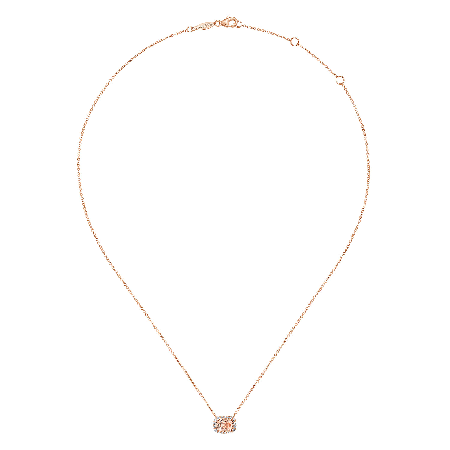 Oval Morganite and Diamond Halo Pendant Necklace in 14K Rose Gold, photograph 2