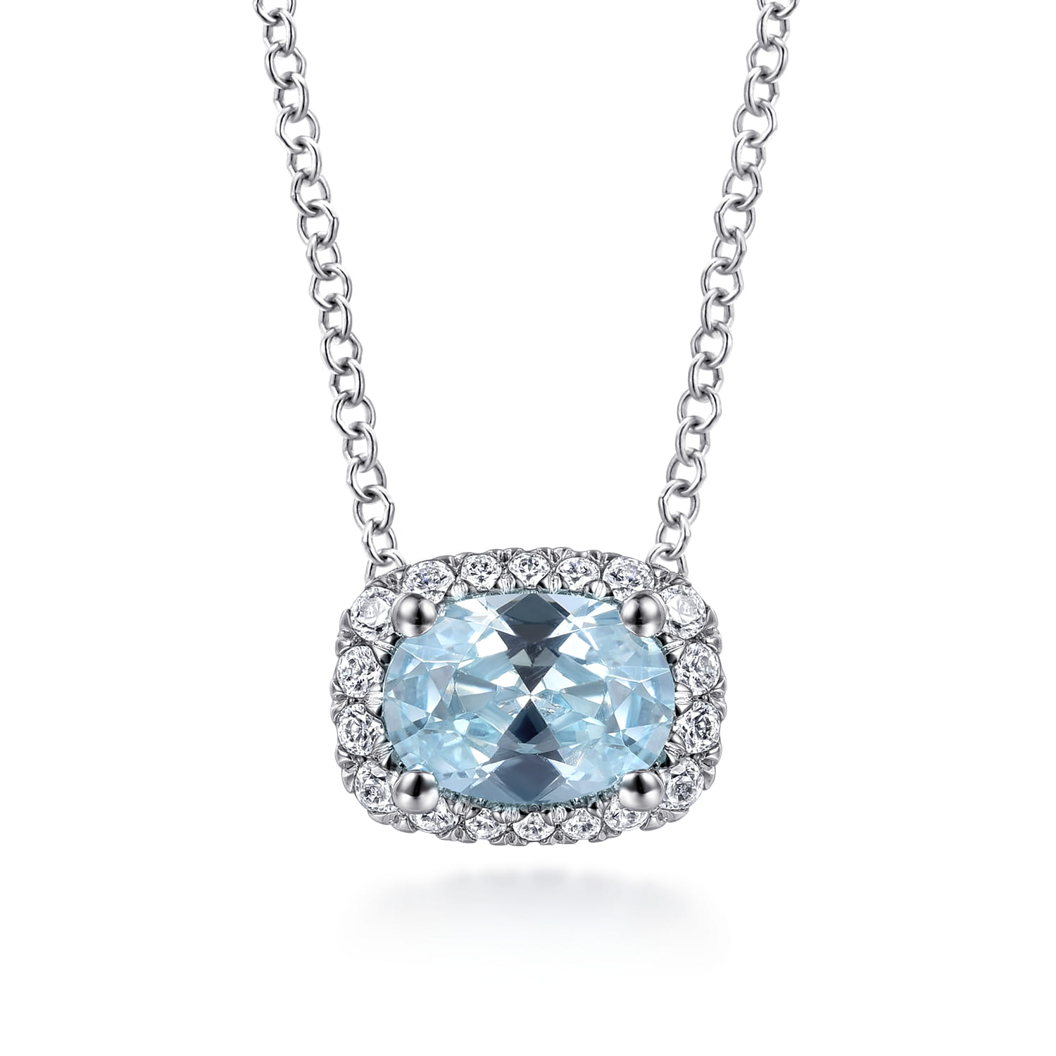 Oval Aquamarine and Diamond Halo Pendant Necklace in 14K White Gold