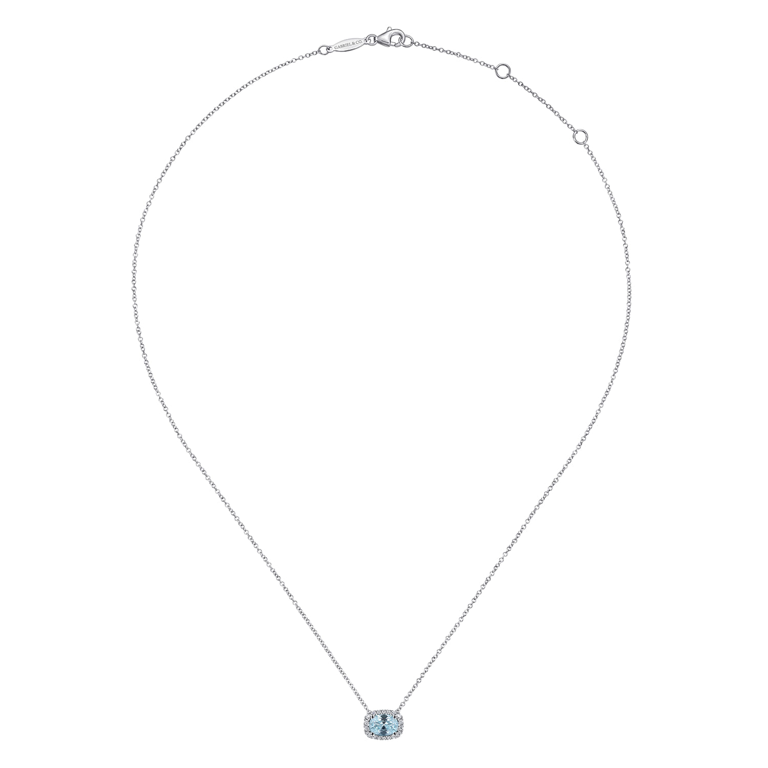 Oval Aquamarine and Diamond Halo Pendant Necklace in 14K White Gold, photograph 2