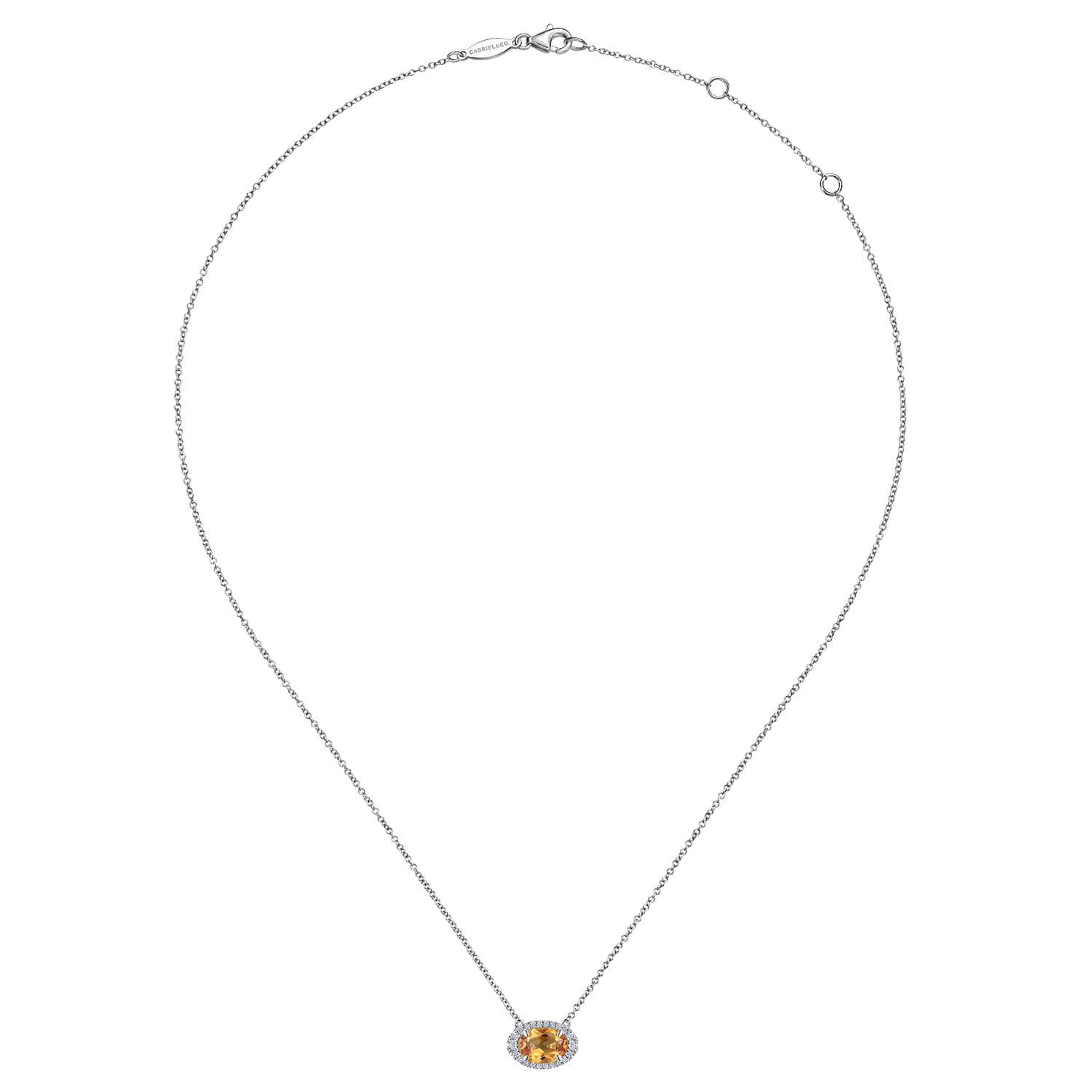 Oval Citrine and Diamond Halo Pendant Necklace in 14K White Gold, photograph 2