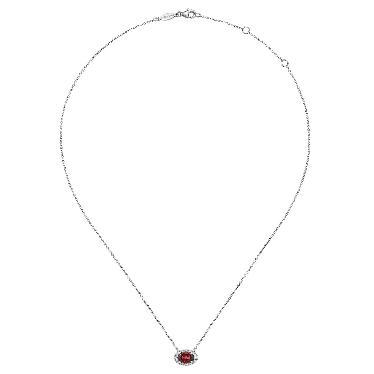 Oval Garnet and Diamond Halo Pendant Necklace in 14K White Gold, photograph 2